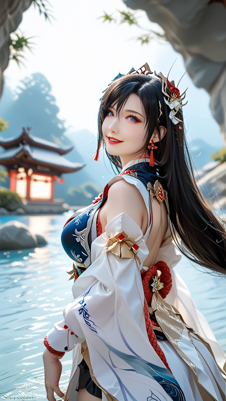 High resolution, 1 female, hip up, beautiful eyes, Ring-shaped eyes, jewelry, tattoo, Hanfu, chinese fairy, taoist uniform、cleavage、smile、3D rendering