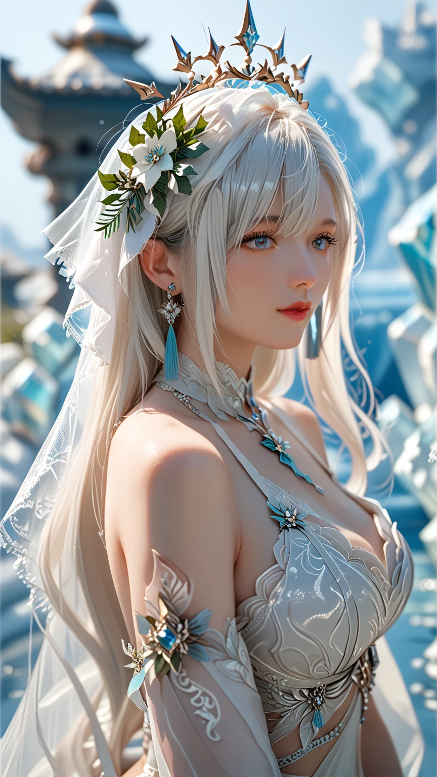 (masterpiece,  is the best quality: 1.4),  detailed background, White Crystal, Crystal Cluster, long hair,Jewelry, earrings, necklace, crown, bride, White hair, Halo,