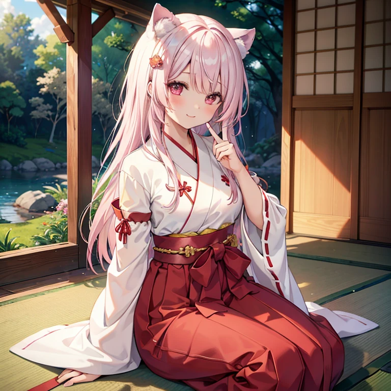 (( best quality)), ((masterpiece)), (  Details), ( ultra high resolution with forest background)、bbyuika、
 long hair、 pink hair、 animal ears 、 hair ornament、Shrine maiden、 kimono、 white kimono、ribbon sleeve 、Wide sleeves、Sleeves to wrist、Red Hakama、 hakama skirt、
 perfect face、超 Detailsな肌、超 Detailsな瞳、 perfect body for a lawn、(Accurate Fingers、Accurate hands)、 
 kind smile、 closes her mouth、whole body、
Japanese house、 sitting on the veranda、 professional lighting、８ｋ、