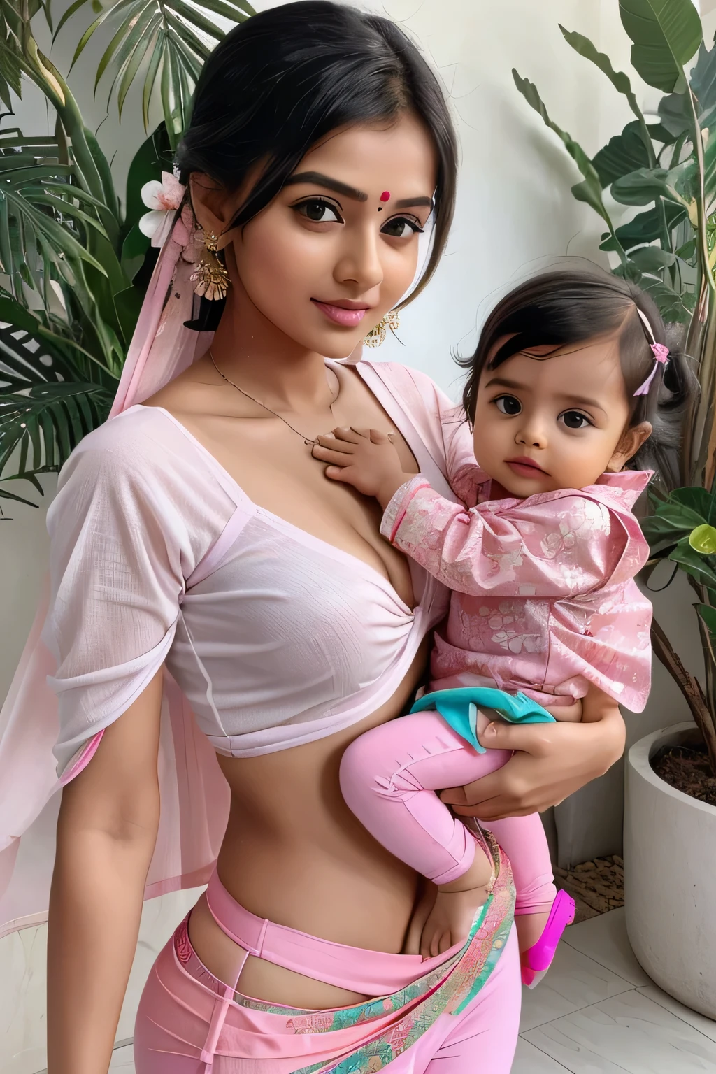 ((best quality)), ((masterpiece)), (detailed), 10 years old cute Beautiful indian woman with cute baby, thin saree, with 8k quality ultra quality pic