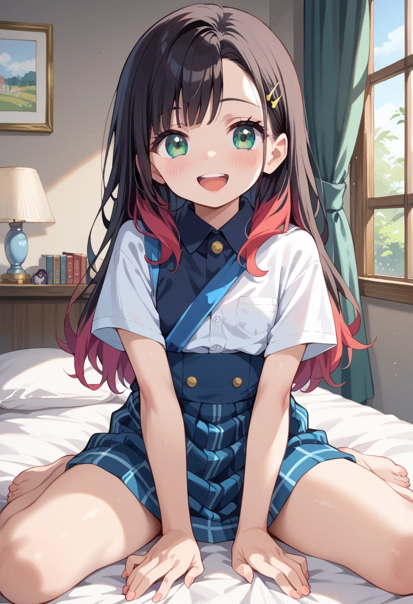 (( best quality)), ((masterpiece)), (be familiar with),  perfect face, indoor, bedroom,  viewer,
One woman,  Gamemun Neko ,
 characters with open mouth ,  ecstatic expression with hands in front of body, blush, smile,
Small breasts,  flat chested, Young girl, Lori,  kids,  girl,
 long hair,  long hair,
Leg spread,