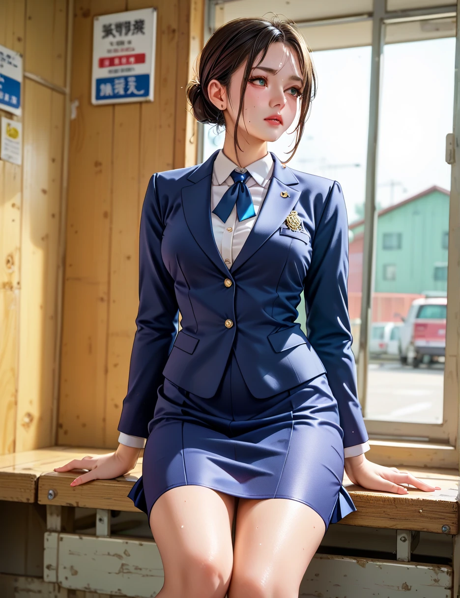 ((​masterpiece))、((top-quality))、airport、 cabin attendant poking at the knee、Black uniform、 blazer uniform、 tight skirt 、Beautiful woman with a cold face