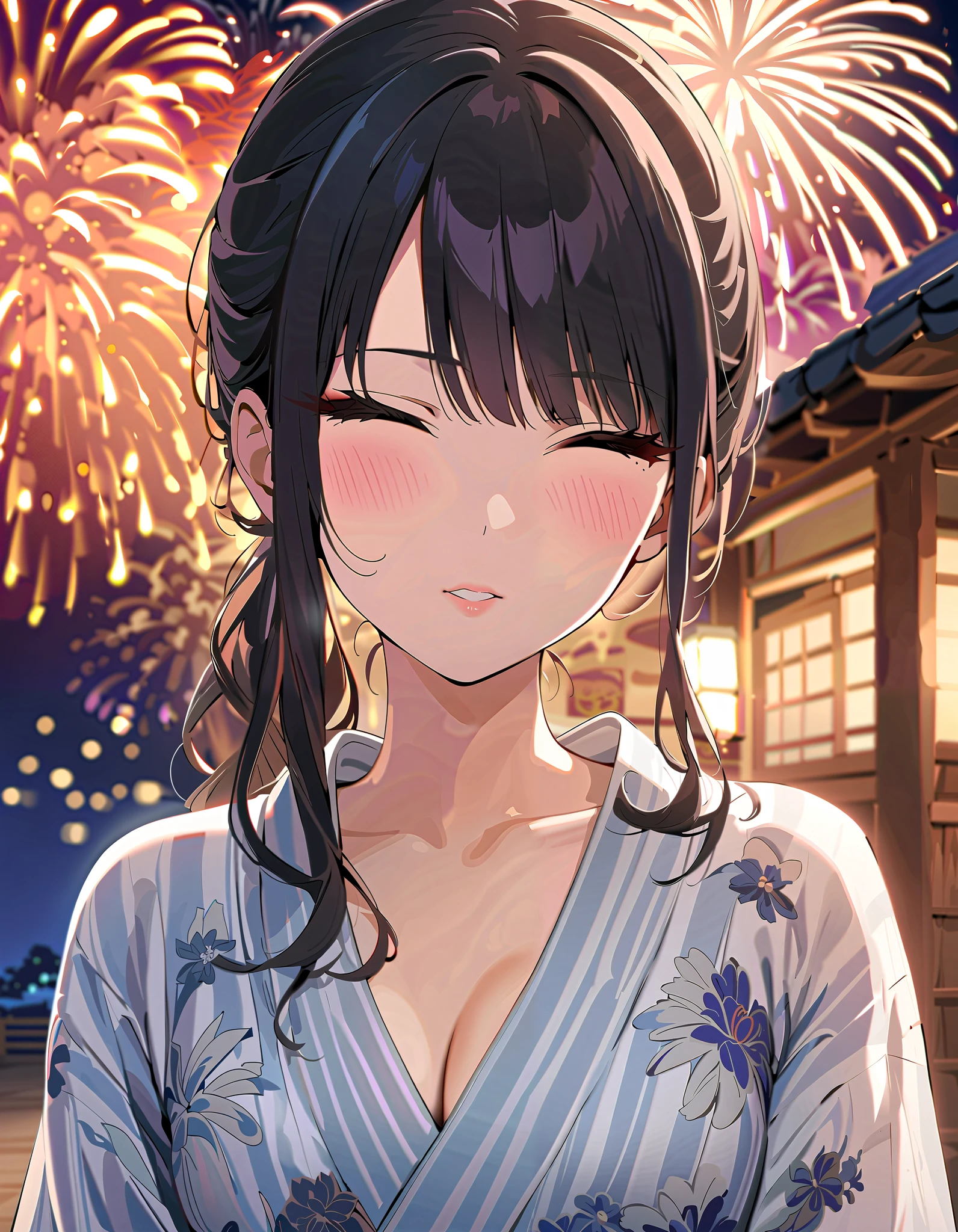 (masterpiece),( best quality),(  Very detailed),(  best shadow ),(  detailed background ),( Very Beautiful ), Official style, Hiori Kazano,  ponytail,  black hair ,  small breasts,  cleavage, ( red cheeks :1.2), (yukata:1.2), incoming kiss, closed eyes, (Fireworks), (night:1.3), ( upper body:1.2), (face focus:1.2),  real skin 