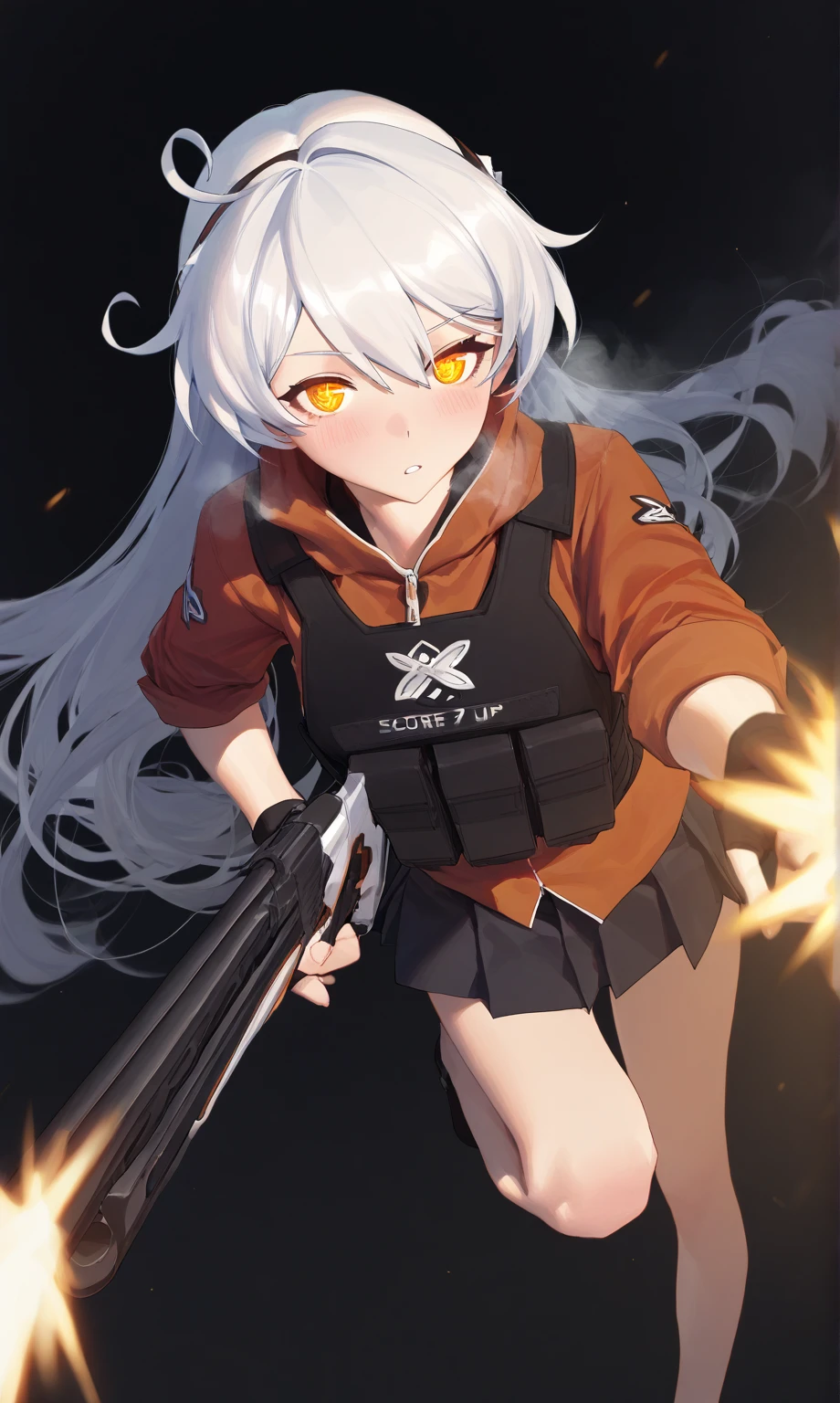 1girl, kiana kaslana \(honkai impact 3\), HoV, Silver hair, ahoge, long hair, yellow eyes, symbol-shape pupils, blush, heavy breath, airseal, (ciloranko:0.75), from above, dutch angle, feet out of frame, beretta 1301, shotgun, foreshortening, leaning forward, muzzle flash, steam, bulletproof vest, fingerless gloves, firing, holding gun, holding weapon, looking looking at viewer, parted lips, froating, (shade:1.2), (white and purple theme:0.7), pleated skirt, standing on one leg, sidelocks, sleeves rolled up, solo, dust cloud, light particles, depth of field, black background, (leviathan \(hikinito0902\), modare:0.75), masterpiece, best quality, good quality, newest, year 2024, year 2023