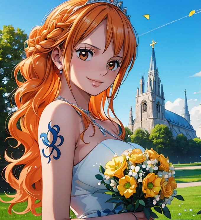 (masterpiece, best quality, 4K, 8k,   high definition  , 最高masterpiece:1.2),  super detailed, (Realistic, photoRealistic, photo-Realistic:1.37),   Maintaining Anime Style  ,  dress, pale orange hair hidden in thick grass ,(Beautiful hairstyle,Braid 1 .3), tiara ,(Left shoulder tattoo), beautiful brown eyes, beautiful lips,Beautiful lipstick,smile, looking at the camera,  Big Breasts ,In a dress,Beautiful whole body,Holding a bouquet,European Churches ,bride,Beautiful blue sky, Silver Leaf Trees ,Twinkling starry sky,(elegant spot 1.4),Beautiful flowers, gradient , Ephemeral yet Beautifully Fluttering Petals ,Beautiful flowersびらのパレード