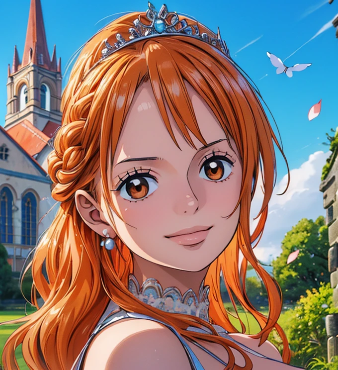 (masterpiece, best quality, 4K, 8k,   high definition  , 最高masterpiece:1.2),  super detailed, (Realistic, photoRealistic, photo-Realistic:1.37),   Maintaining Anime Style  ,  dress, pale orange hair hidden in thick grass ,(Beautiful hairstyle,Braid 1 .3), tiara ,(Left shoulder tattoo), beautiful brown eyes, beautiful lips,Beautiful lipstick,smile, looking at the camera,  Big Breasts ,In a dress,Beautiful whole body,Holding a bouquet,European Churches ,bride,Beautiful blue sky, Silver Leaf Trees ,Twinkling starry sky,(elegant spot 1.4),Beautiful flowers, gradient , Ephemeral yet Beautifully Fluttering Petals ,Beautiful flowersびらのパレード