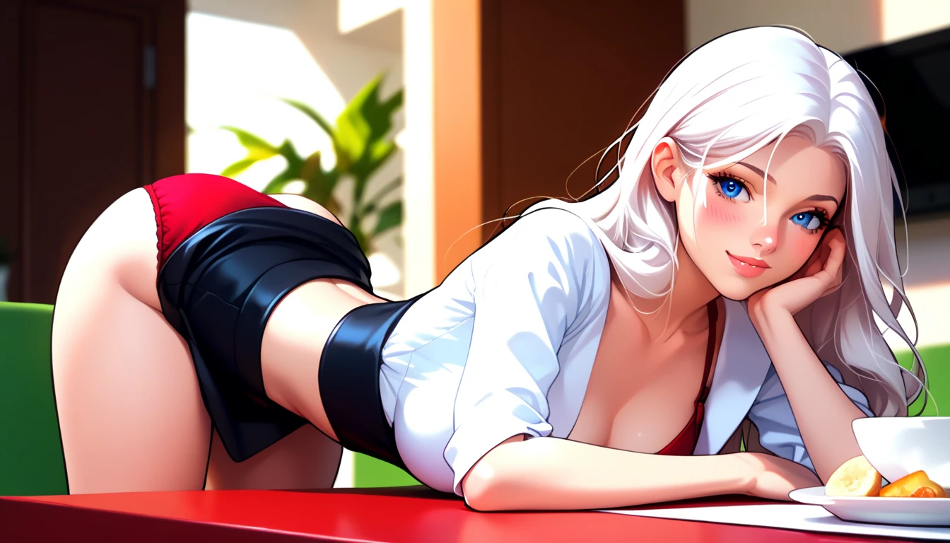 Adult female, 37 years old, long white hair, pale skin and slight blush on cheeks, blue eyes, beautiful anime appearance sharp facial features, wearing a white blouse, long black satin skirt. Top-down view. The location is an expensive kitchen in a flat. Sitting with her arse on the kitchen table belly forward. There are dishes on the table, a white tablecloth. One leg hanging down, the other leg on the table. One hand is leaning backwards. The other hand is at her mouth. Legs in front, red panties showing under her skirt. A haughty expression on her face, smiling imperiously, provocation