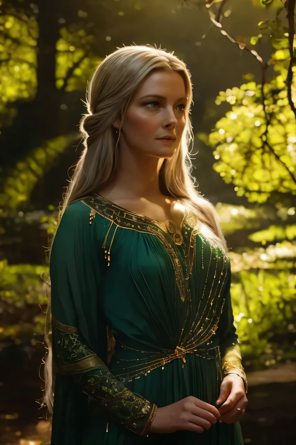 Galadriel, a radiant elven queen, standing gracefully in a magical elven forest bathed in soft, ethereal light. She is wearing a flowing green dress adorned with intricate golden embroidery, reminiscent of delicate vines and leaves, perfectly complementing the lush surroundings. Her long, silvery hair cascades over her shoulders, glowing softly in the dappled sunlight filtering through ancient, towering trees. The forest is alive with magical energy, featuring bioluminescent flowers, sparkling streams, and faint, glowing particles floating in the air. Her expression is serene and wise, her piercing eyes reflecting the timeless beauty and wisdom of the elves. The scene is infused with an otherworldly atmosphere, with fine details in the textures of her dress, the bark of the trees, and the vibrant flora. Photorealistic rendering, ultra-high-definition, with dramatic, yet soft lighting highlighting her elegance and the magical ambiance of the forest.