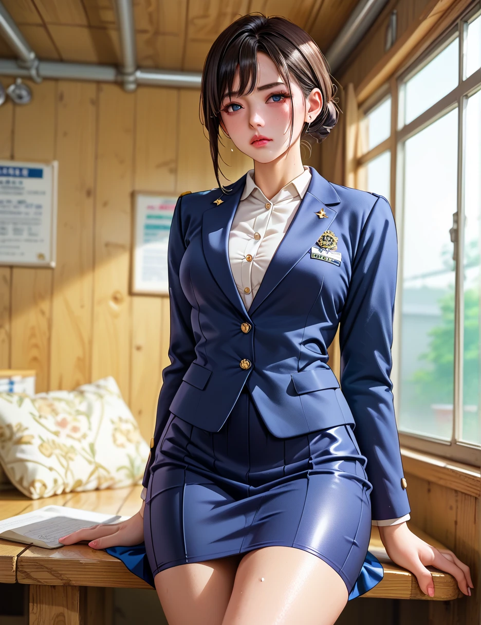 ((​masterpiece))、((top-quality))、airport、 cabin attendant poking at the knee、Black uniform、 blazer uniform、 tight skirt 、Beautiful girl with a cold face