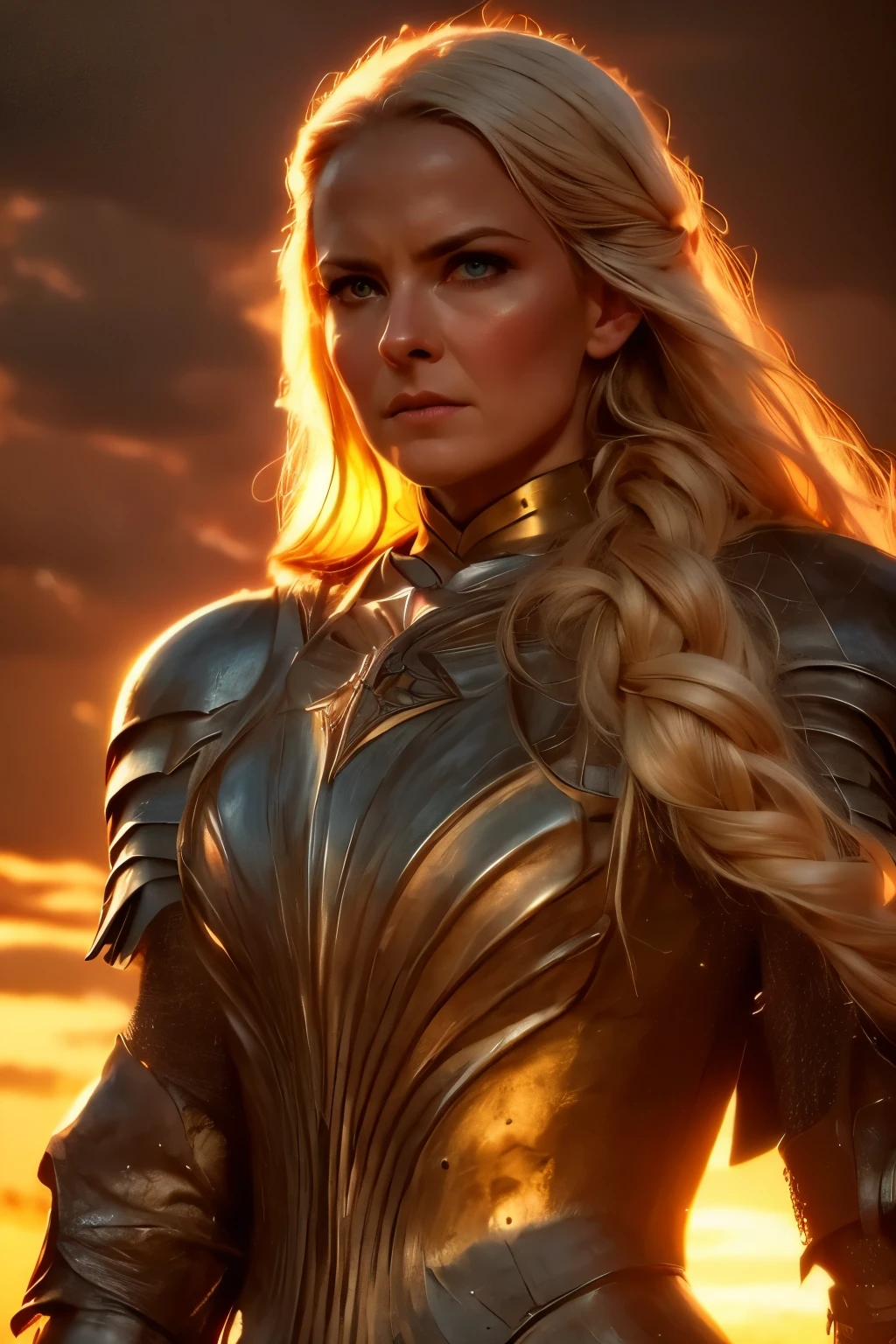 Galadriel, inspired by the series "The Rings of Power", (((L4L4 face))),  in a majestic pose at the center of the scene ,  wearing shimmering armor and elven details,  with its blond hair flowing under a golden light .  The background shows an epic landscape of golden Middle Earth ,  with distant mountains ,  dramatic sky and beams of heavenly light .  Determined expression and intense gaze ,  capturing your strength and wisdom .  Hyper-realistic details on the face and hands ,  metal texture of the highly detailed armor ,  skin illuminated with perfection ,  cinematic atmosphere , epic and glorious . natural light, 35mm photograph, film, professional, 4K, highly detailed, Golden hour lighting. Depth of field F2. Rule of Thirds Composition.
