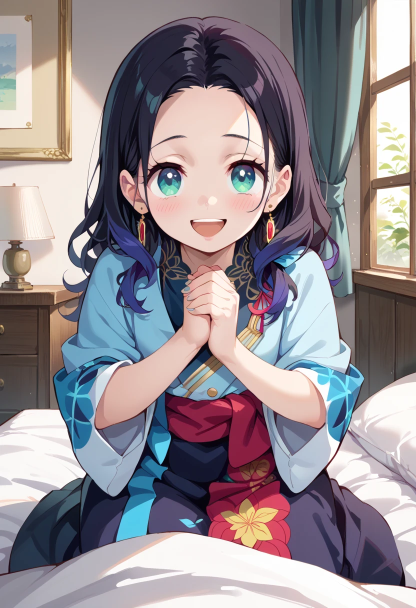 (( best quality)), ((masterpiece)), (be familiar with),  perfect face, indoor, bedroom,  viewer,
One woman,  Gamemun Neko ,
 characters with open mouth ,  ecstatic expression with hands in front of body, blush, smile,
Small breasts,  flat chested, Young girl, Lori,  ,  girl,
 long hair,  Long Hair,
Leg spread,