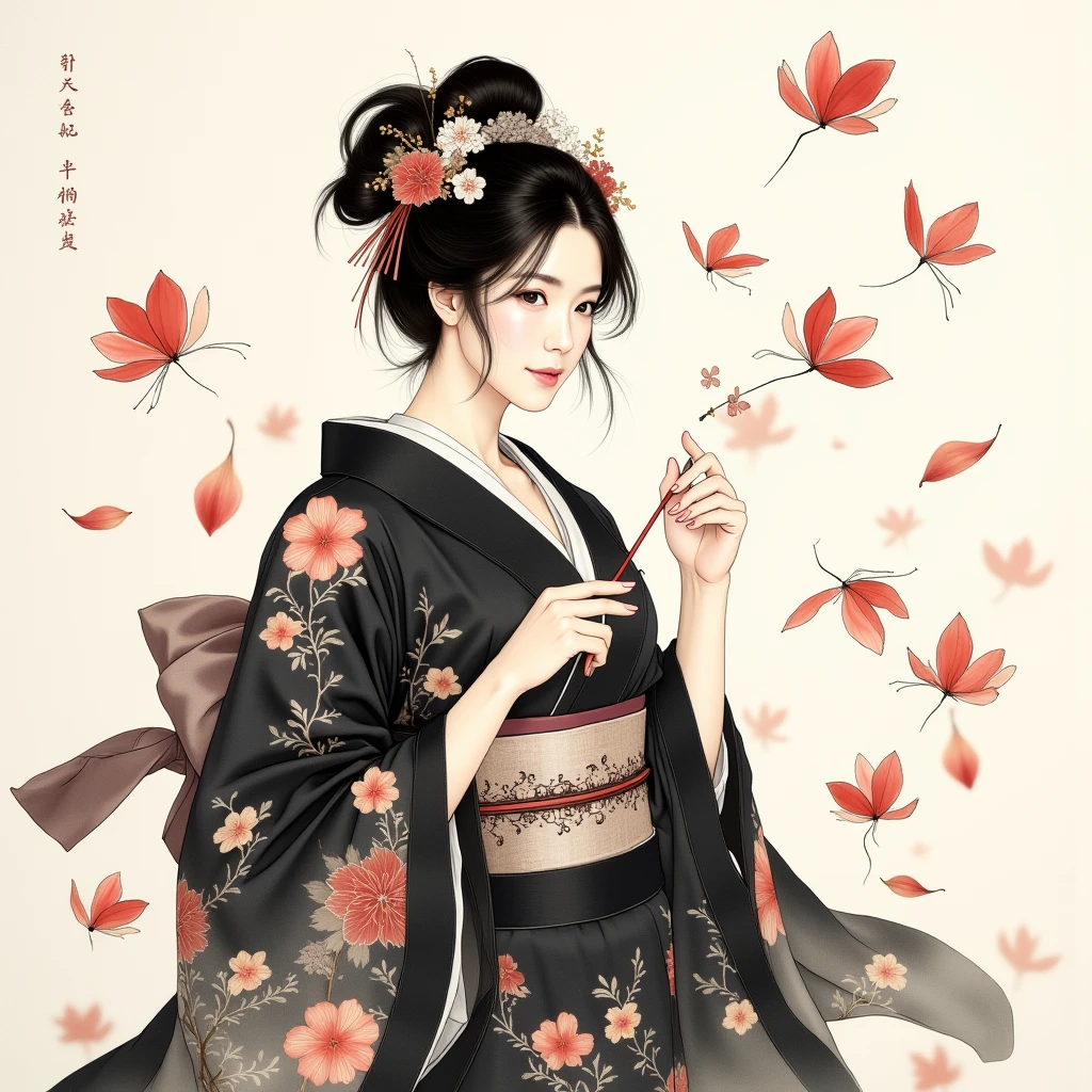 (traditonal chinese ink paiting),portrait,1woman, flying petals,Upper body, black_yukata,hair_decoration,