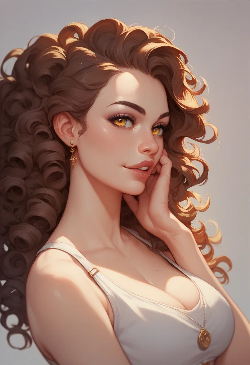 1girl, latin girl, long curly hair, dark brown hair, dark eyes, olive eyes