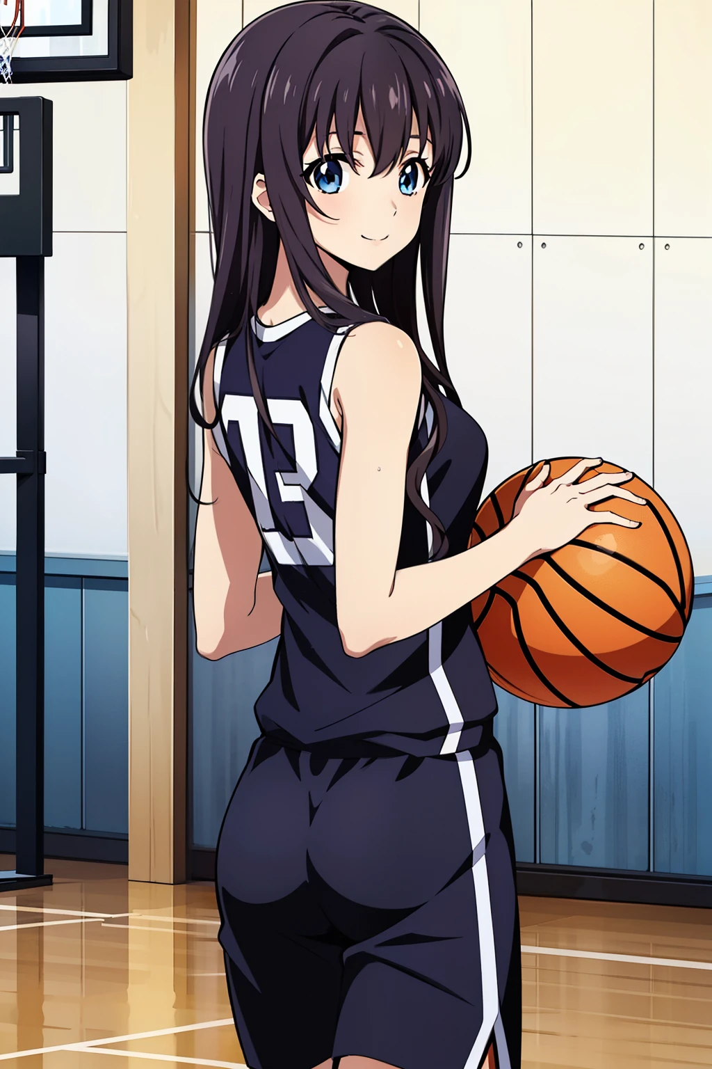 (masterpiece:1.2), (high quality), (pixiv:1.4), (anime:1.4),(最high quality),(artwork created with color sketch, Similar to Watercolor) ,Of a girl standing on the ground in a sexy sitting pose, manga drawings, black hair, cute smile, dark blue ,((basketball uniform)), and nipples, (showing her nipples and small breasts), (((color sketch, rough))), very detailed conversion, glossy white skin