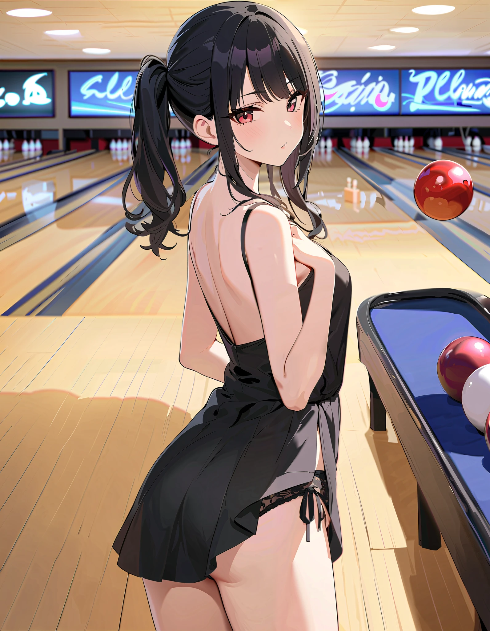 (masterpiece),( best quality),(  Very detailed),(  best shadow ),(  detailed background ),( Very Beautiful ), Official style, Hiori Kazano,  ponytail,  black hair ,  small breasts,  cleavage, (Short neck), ( red cheeks :1.2), ( black dress ), ( Mini Skirt), (play bowling:1.2), (show off panties:1.1), ( Sexy Poses ), (Bowling alley:1.3), (cowboy shot), (from back),  real skin 