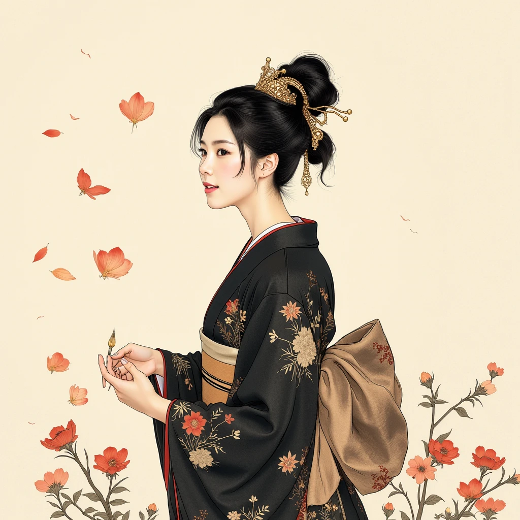 (traditonal chinese ink paiting),portrait,1woman, flying petals,Upper body, black_yukata,hair_decoration,