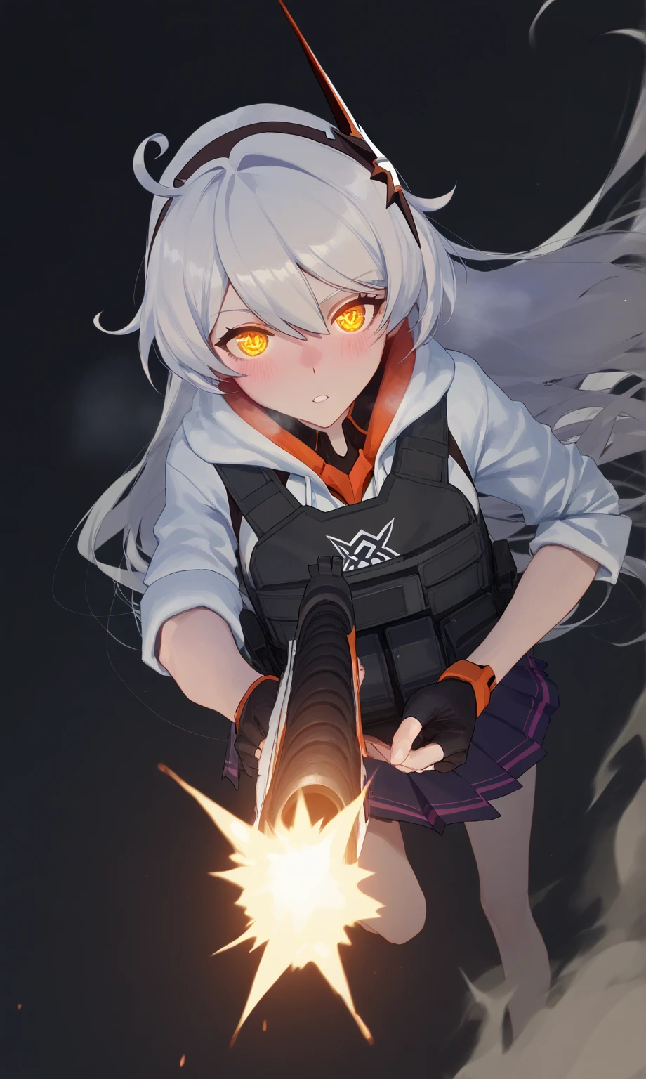 1girl, kiana kaslana \(honkai impact 3\), HoV, Silver hair, ahoge, long hair, yellow eyes, symbol-shape pupils, blush, heavy breath, airseal, (ciloranko:0.75), from above, dutch angle, feet out of frame, beretta 1301, shotgun, foreshortening, leaning forward, muzzle flash, steam, bulletproof vest, fingerless gloves, firing, holding gun, holding weapon, looking looking at viewer, parted lips, froating, (shade:1.2), (white and purple theme:0.7), pleated skirt, standing on one leg, sidelocks, sleeves rolled up, solo, dust cloud, light particles, depth of field, black background, (leviathan \(hikinito0902\), modare:0.75), masterpiece, best quality, good quality, newest, year 2024, year 2023, perfect hand, perfect fingers