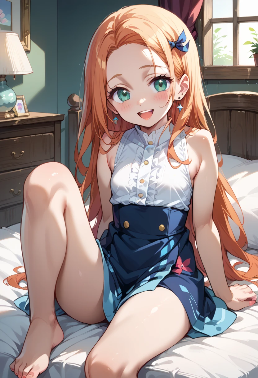 (( best quality)), ((masterpiece)), (be familiar with),  perfect face, indoor, bedroom,  viewer,
One woman,  Gamemun Neko ,
 characters with open mouth ,  ecstatic expression with hands in front of body, blush, smile,
Small breasts,  flat chested, Young girl, Lori,  kids,  girl,
 long hair,  long hair,
Leg spread,