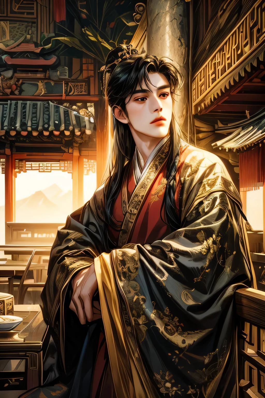  Ancient Chinese   ,   Adult Male,  Age about 25 years old  ,  Handsome ,  Exquisite appearance,Single,Hanfu , Ancient Chinese   Hairstyles,long hair,black hair,Black eyes,Song Dynasty Costume,Complex Costumes , romantic,    Original Concept Illustration  ,    Masterpiece Illustration   ,Tea house background ,Bright