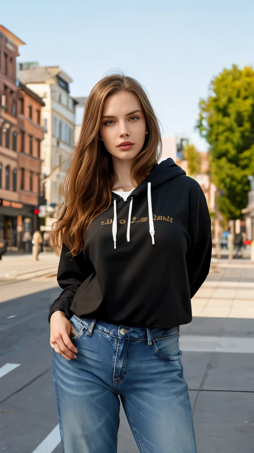 a woman with long brown hair, light brown eyes, professional model, fashionable, Katya Sitak, on city street, white hoodie, light ripped jeans, big breasts, best quality, 4k, 8k, highres, masterpiece, ultra-detailed, realistic, photorealistic, photo-realistic, HDR, UHD, studio lighting, ultra-fine painting, sharp focus, physically-based rendering, extreme detail description, professional, vivid colors, 