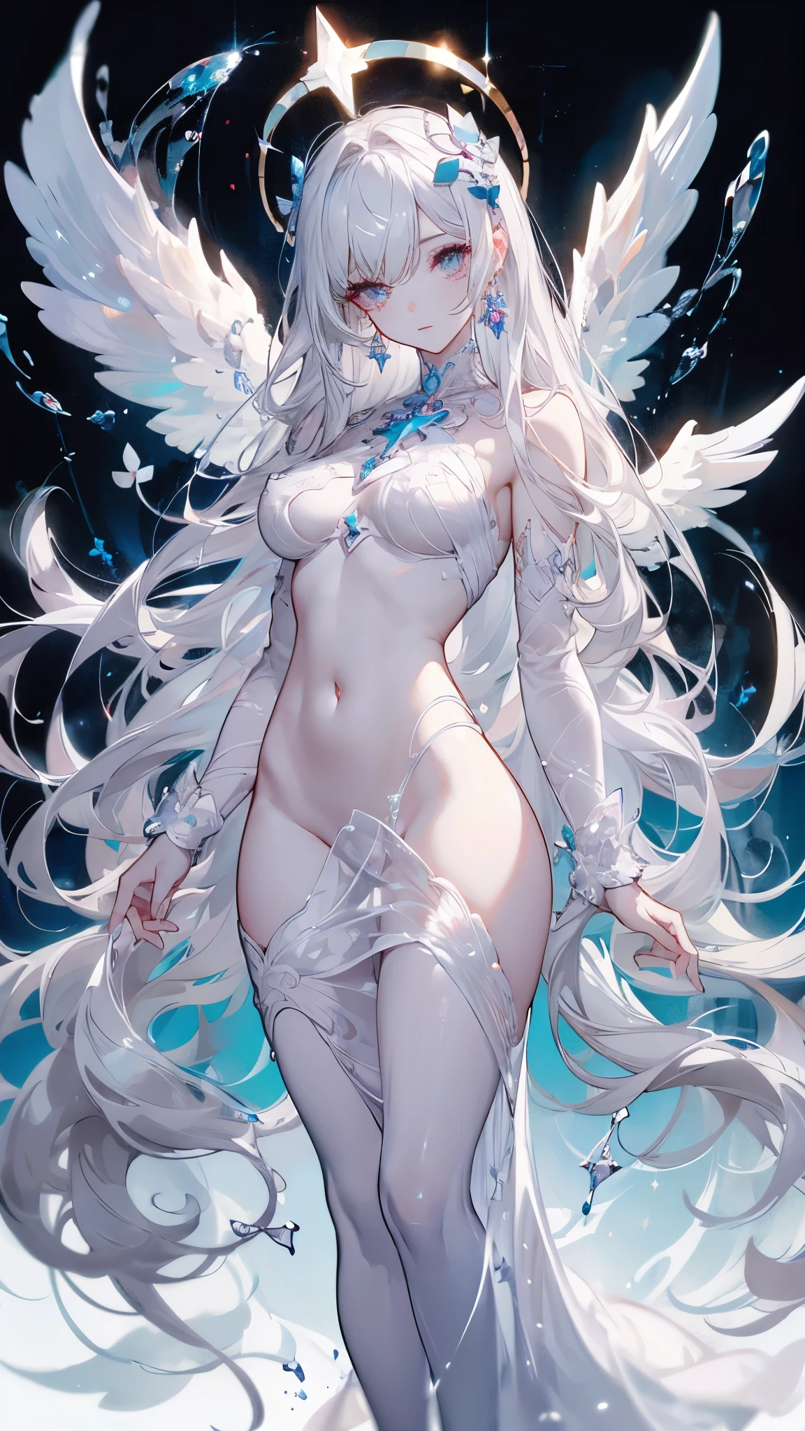  pure white background，masterpiece,  top quality ,  Detailed Facial  , whole body，Standing picture，Beautiful Angel，Smoky Eyes，transparent，  high quartz quallity {x} sparkling eyes ，fantasy style，Halo，blood，Heart，Four Leaf Clover，sexy，nude