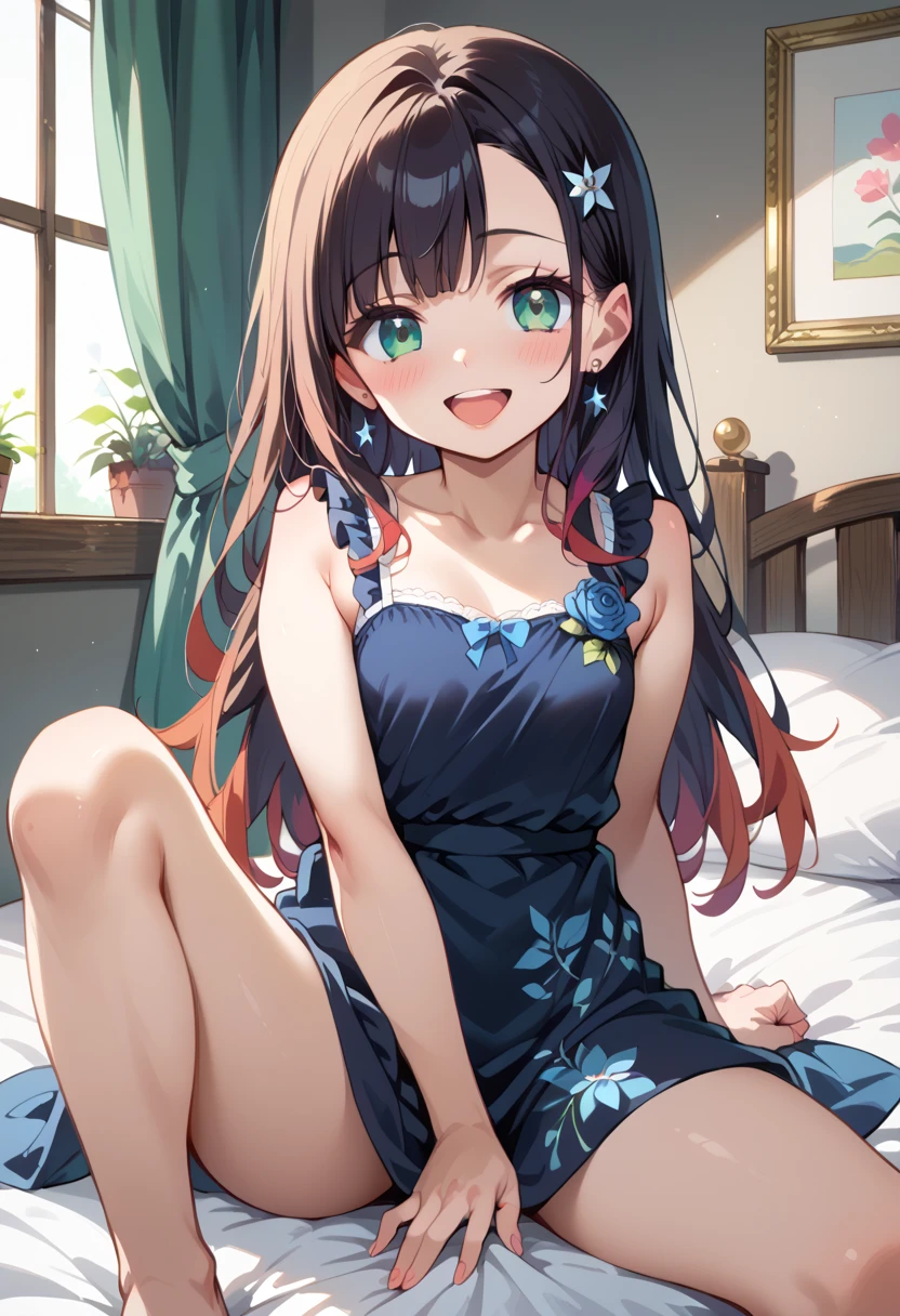 (( best quality)), ((masterpiece)), (be familiar with),  perfect face, indoor, bedroom,  viewer,
One woman,  Gamemun Neko ,
 characters with open mouth ,  ecstatic expression with hands in front of body, blush, smile,
Small breasts,  flat chested, Young girl, Lori,  ,  girl,
 long hair,  long hair,
Leg spread,