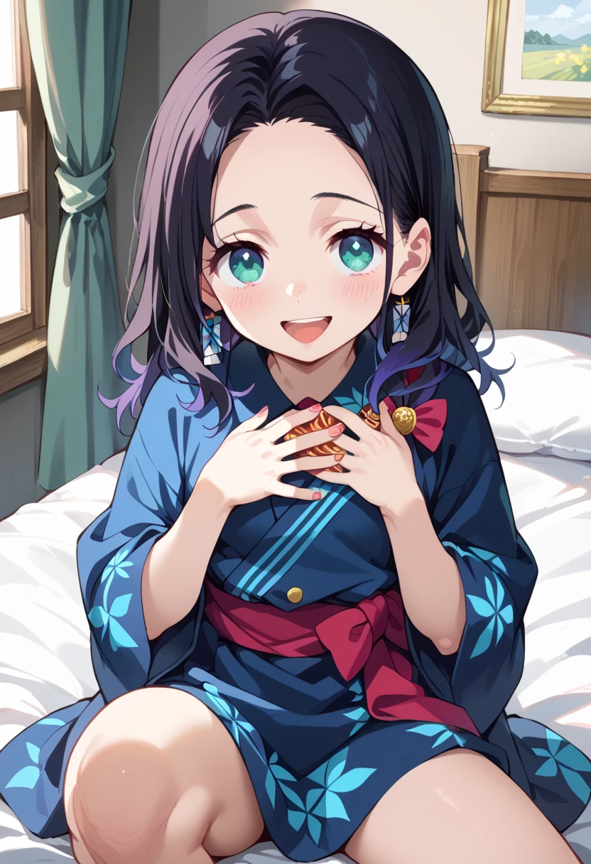 (( best quality)), ((masterpiece)), (be familiar with),  perfect face, indoor, bedroom,  viewer,
One woman,  Gamemun Neko ,
 characters with open mouth ,  ecstatic expression with hands in front of body, blush, smile,
Small breasts,  flat chested, Young girl, Lori,  ,  girl,
 long hair,  long hair,
Leg spread,