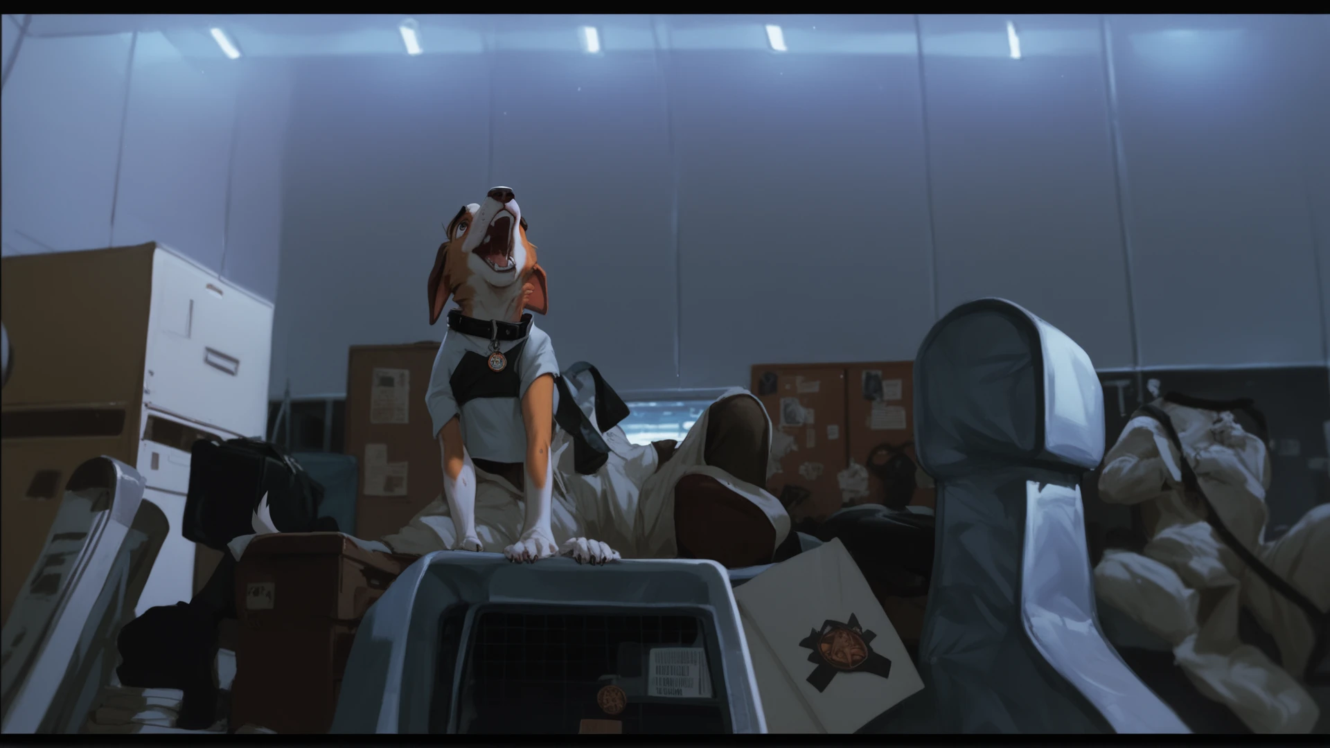 score_9, score_8_up, score_7_up, score_6_up, Anthropomorphic, furry beagle, wearing a black airport security sheet and an black leather collar with a badge, airport cargo room, barking 