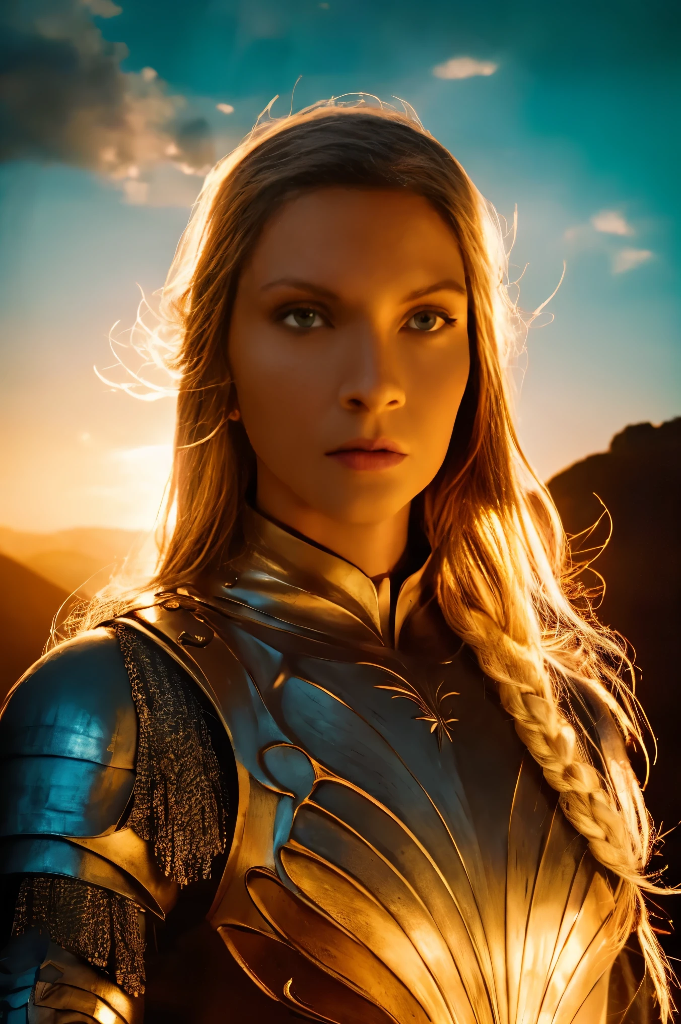 Galadriel, inspired by the series "The Rings of Power", (((L4L4 face))),  in a majestic pose at the center of the scene ,  wearing shimmering armor and elven details,  with its blond hair flowing under a golden light .  The background shows an epic landscape of golden Middle Earth ,  with distant mountains ,  dramatic sky and beams of heavenly light .  Determined expression and intense gaze ,  capturing your strength and wisdom .  Hyper-realistic details on the face and hands ,  metal texture of the highly detailed armor ,  skin illuminated with perfection ,  cinematic atmosphere , epic and glorious . natural light, 35mm photograph, film, professional, 4K, highly detailed, Golden hour lighting. Depth of field F2. Rule of Thirds Composition.

