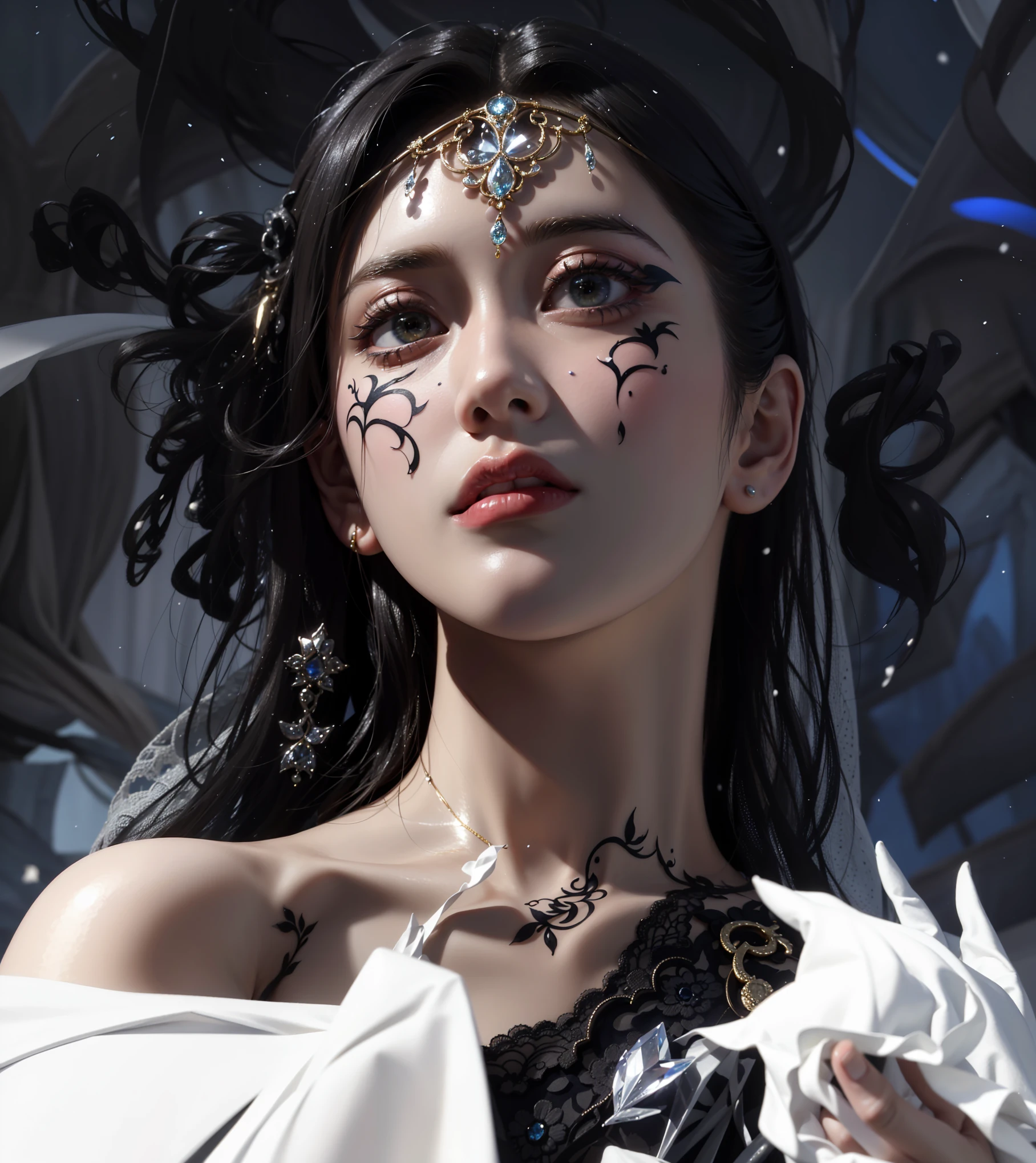 The Skeleton young Witch,flying,epoxy_skull,amidst a black swirling vortex in a dark,mystical forest. A beautiful Asian woman with long hair stands,her figure draped in skeletal armor and an ethereal dress,engulfed by the swirling darkness. The scene is intensely cinematic,dominated by deep shadows pierced by subtle hints of light,crafting a dramatic interplay of darkness and luminescence. Wind,intensified to 1.2,weaves through the trees,enhancing her enigmatic silhouette,now surrounded by black smoke and the eye of a storm. Close-up on her sad expression,amidst sparkling embers and a billowing long piece of cloth,