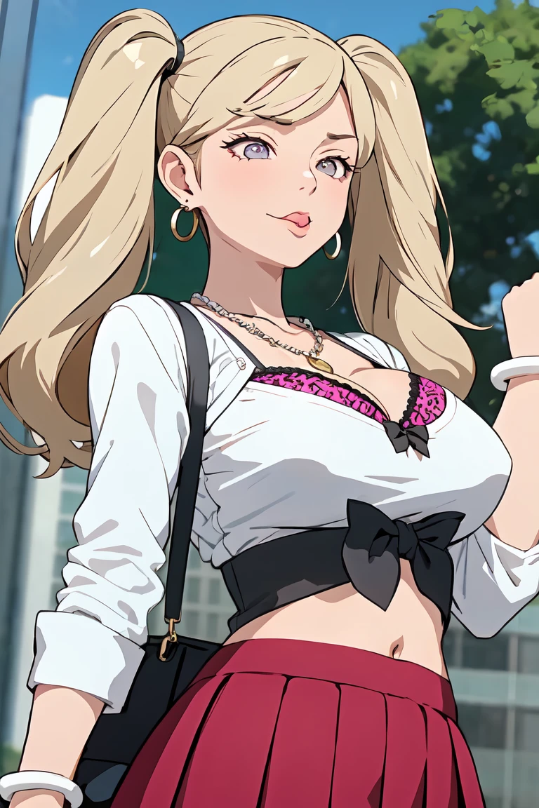   Masterpiece ,  best quality,2 peopleの女の子, 2 people, chest,  clevis,  twin tails, Iris,  look at the viewers, sweat, large chest,  colored shirt ,  pleated skirt, Flashy修正,  happy , Flashy, too many accessories,  colorful  , Kogal, Kogal gyaru,  Necklaces ,  earrings for a woman alone,  bracelet , bra handbag, belly button, abdomen, (compensate)、Blonde、tongue、tongue出し、 angle from below