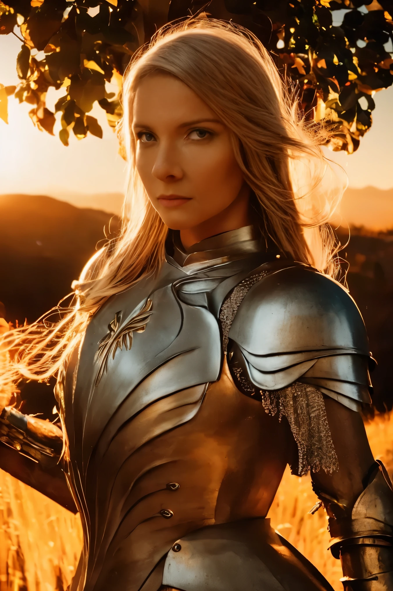 Galadriel, inspired by the series "The Rings of Power", (((L4L4 face))),  in a majestic pose at the center of the scene ,  wearing shimmering armor and elven details,  with its blond hair flowing under a golden light .  The background shows an epic landscape of golden Middle Earth ,  with distant mountains ,  dramatic sky and beams of heavenly light .  Determined expression and intense gaze ,  capturing your strength and wisdom .  Hyper-realistic details on the face and hands ,  metal texture of the highly detailed armor ,  skin illuminated with perfection ,  cinematic atmosphere , epic and glorious . natural light, 35mm photograph, film, professional, 4K, highly detailed, Golden hour lighting. Depth of field F2. Rule of Thirds Composition.
