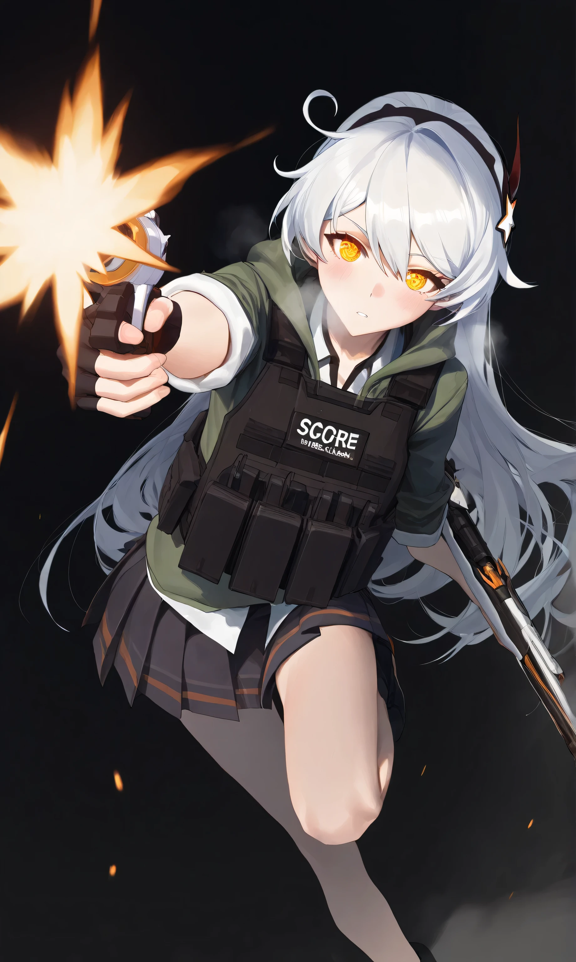 1girl, kiana kaslana \(honkai impact 3\), HoV, Silver hair, ahoge, long hair, yellow eyes, symbol-shape pupils, blush, heavy breath, airseal, (ciloranko:0.75), from above, dutch angle, feet out of frame, beretta 1301, shotgun, foreshortening, leaning forward, muzzle flash, steam, bulletproof vest, fingerless gloves, firing, holding gun, holding weapon, looking looking at viewer, parted lips, froating, (shade:1.2), (white and purple theme:0.7), pleated skirt, standing on one leg, sidelocks, sleeves rolled up, solo, dust cloud, light particles, depth of field, black background, (leviathan \(hikinito0902\), modare:0.75), masterpiece, best quality, good quality, newest, year 2024, year 2023, perfect hand, perfect fingers