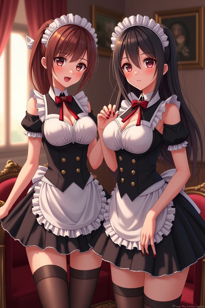 highest quality、High resolution、detailed background、Beautiful and dense face、beautiful and smooth skin、skin texture、cute10代の美少女、(huge breasts:1.3)、(realistic:1.3)、perfect body line、black hair braided ponytail、Calm atmosphere、
look at me with cold eyes、sexual expression、Tea time at the cafe、(Two women enjoy chatting at a cute cafe)、pinkと黒の花柄刺繍パンティー、pinkと黒の花柄刺繍ブラジャー、cute colored garter belt、
Maid uniforms generally feature a dress or dress-like design.、(emphasize the chest服、胸のemphasize cleavage服、revealing clothing)、The voluminous skirt and cinched waist highlight the femininity and cuteness.、Frills and lace are often used、The collar has frills and lace.、, cuffs, and the hem of the skirt, Gives a soft impression.、
What is an apron?、It is the cloth that covers the body from the waist down, symbolizing the work of a maid.。.、pink, green, red, Check Pattern, heart pattern、Cute accessories such as ribbons, The headdress and apron are decorated with roses.、emphasize the chest、emphasize cleavage、cute、panty shot、camel toe