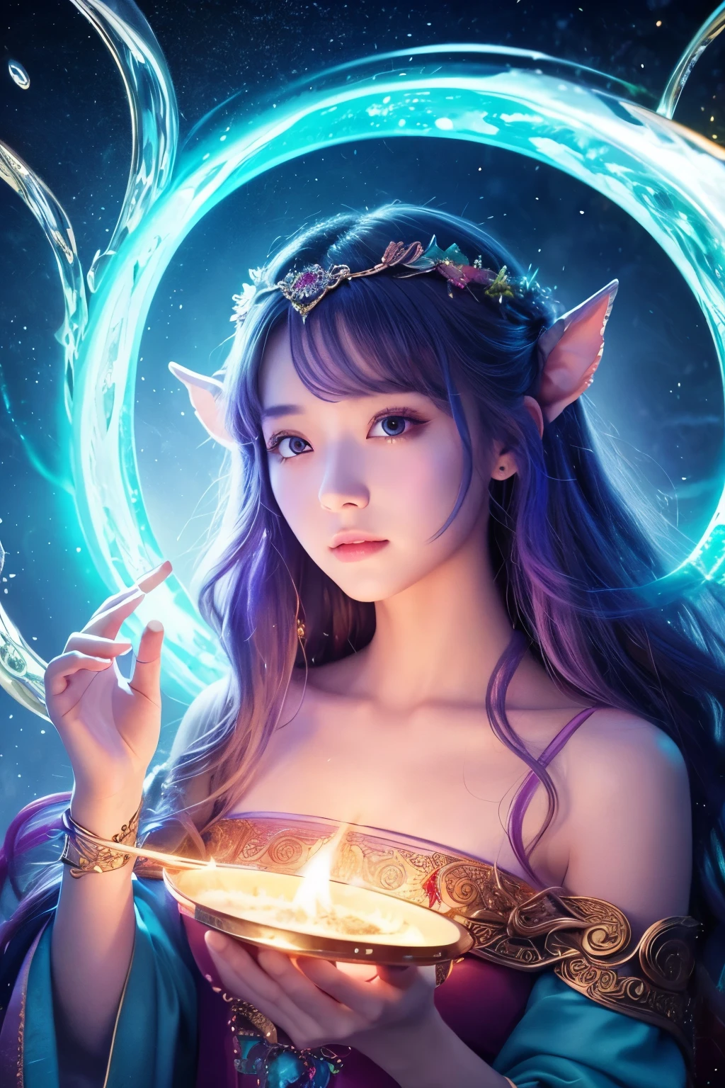 Appearance:
age: Late 20s, early 30s
Gender: male, female
Hair: Dark brown, long, wavy
Eyes: Emerald green
Skin: Healthy tan
Clothing: Elf-like, intricate designs, green, gold, nature
Accessories: Gold necklace, Taurus symbol, star-shaped earrings
Personality:
Calm
Steadfast
Stubborn
Strong-willed
Approachable
Kind
Caring
Background:
Origin: Village, lush nature, plains
Skills: Agriculture, gardening, communicate with nature
Goal: Harmony, nature, people, protect peace, prosperity, village
Setting:
Location: Forest, starry sky
Action: Gazing, stars, quiet prayer
Props: Wooden staff, large horns, glowing fireflies、white、Cang、black、Professional illustration style、Taurus-like cuteness、A world-class professional photographer uses SONY α7 III, Photographed with FE 16-35mm F4 ZA OSS