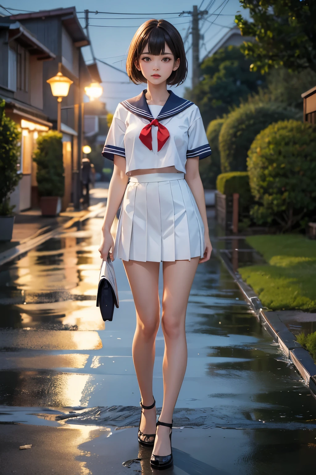 Perfect composition, Proper placement, Golden Ratio, masterpiece,  best quality,  high definition ,  one  Girl,  Beautiful  Woman, full body focus, full body shot, view the viewer, standing,  Wearing a Japanese High School Sailor Suit:1.331, Summer short sleeve uniform ,  red ribbon,  Anatomically Correct Ratio :1.331,  has a small head :1.331, Slender body:1.331,  thin waist:1.331, Thin limbs:1.331,  medium breasts, Brown Hair,  short cut hair,  bare legs, white pin heels, wet hair ,  wet skin , Wet clothes, rain, Summer evening, rain:1.21, In a residential area:1.21,  old blurry photos, Faded photos , Light and Shadow, Movie Lighting, 