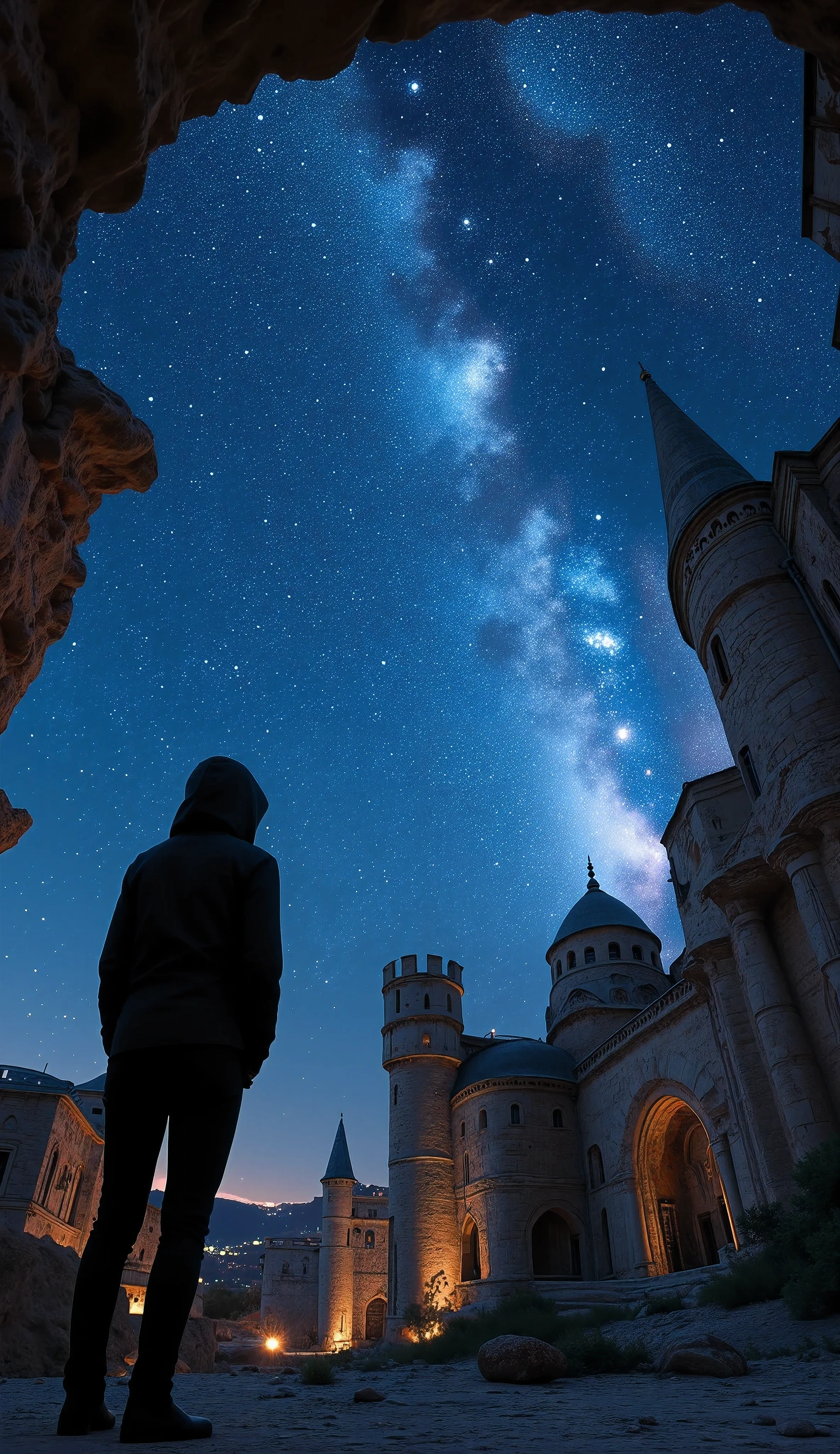  Looking up at the sky in the center of an ancient city ,  First Person View ,  fisheye lens, ３６０Panorama ,  A fantastic and mysterious night sky ,  A starry sky full of stars will make you think deeply about a long history ,  Please create a natural phenomenon itself that is repeated every day as an ruins