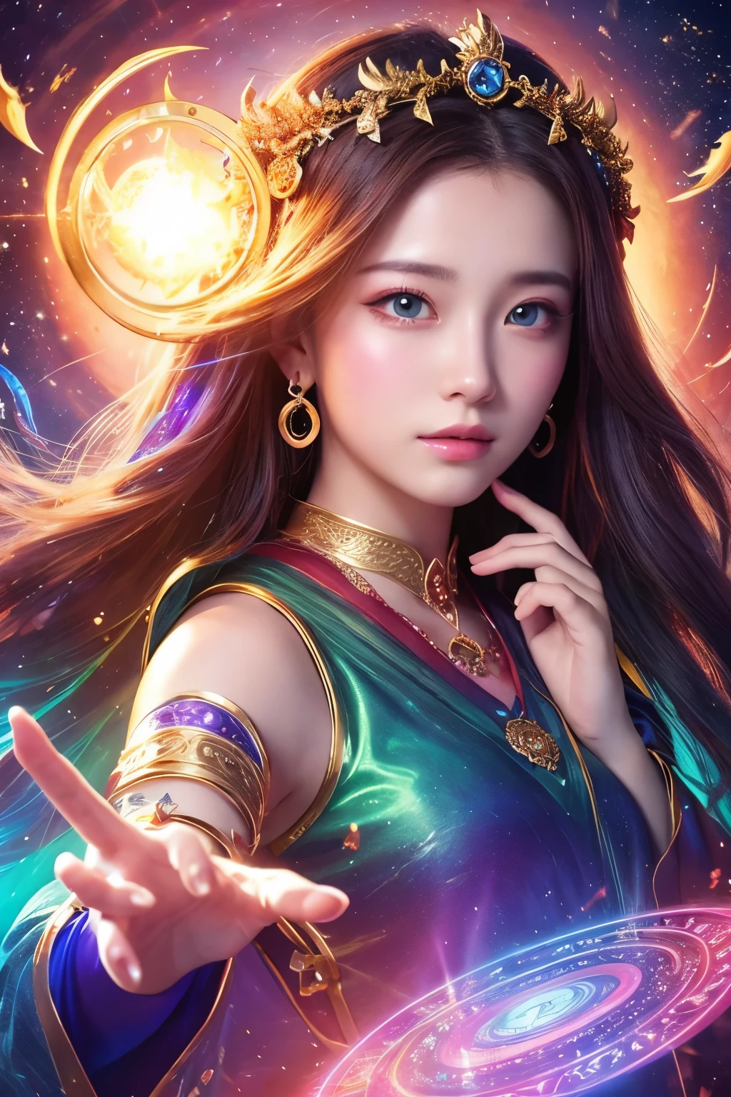 high resolution、gorgeous、goddess、crown、The background is space、shine、front、