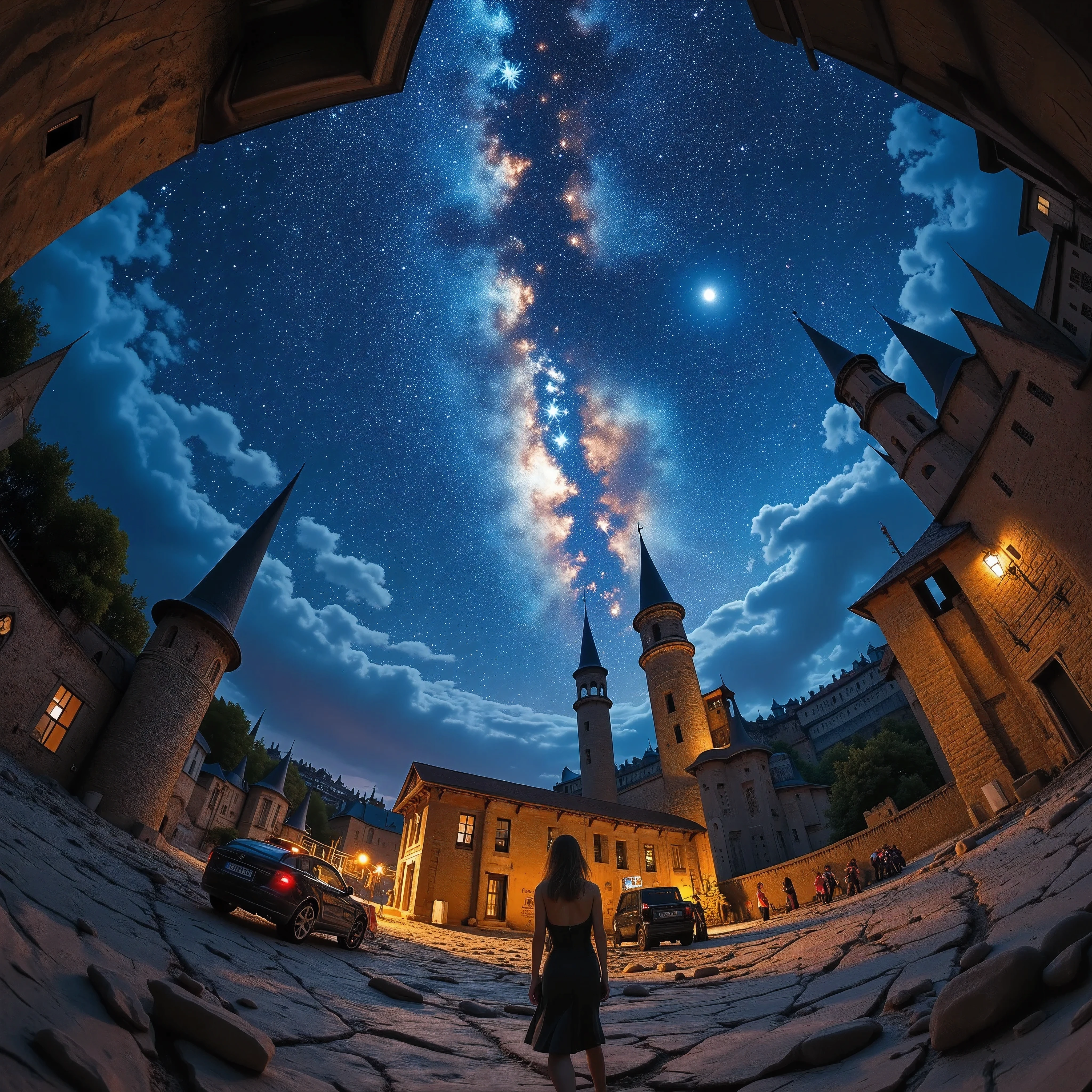  Looking up at the sky in the center of an ancient city ,  First Person View ,  fisheye lens, ３６０Panorama ,  A fantastic and mysterious night sky ,  A starry sky full of stars will make you think deeply about a long history ,  Please create a natural phenomenon itself that is repeated every day as an ruins, ROUGH