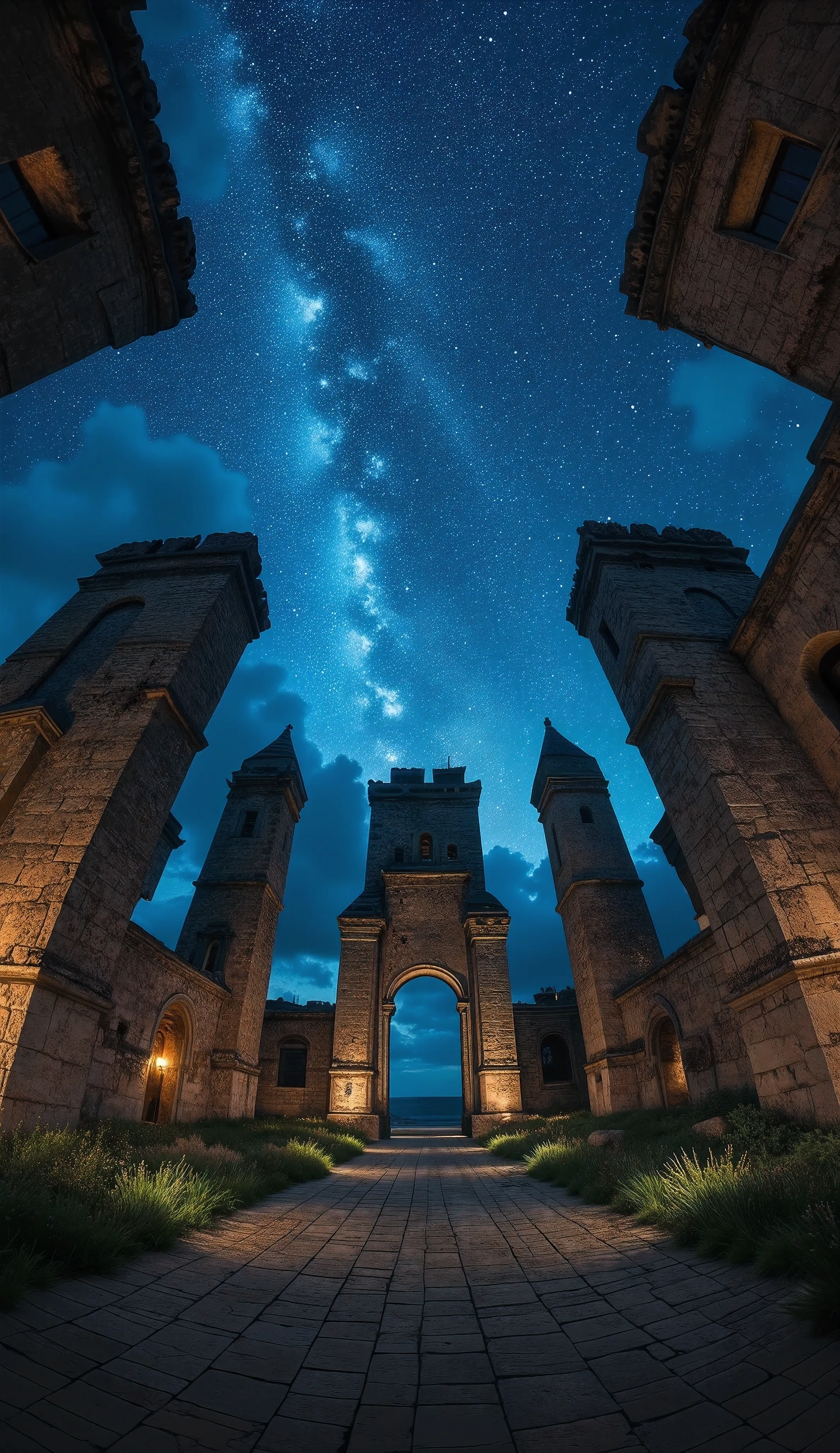  Looking up at the sky in the center of an ancient city ,  First Person View ,  fisheye lens, ３６０Panorama ,  A fantastic and mysterious night sky ,  A starry sky full of stars will make you think deeply about a long history ,  Please create a natural phenomenon itself that is repeated every day as an ruins, ROUGH