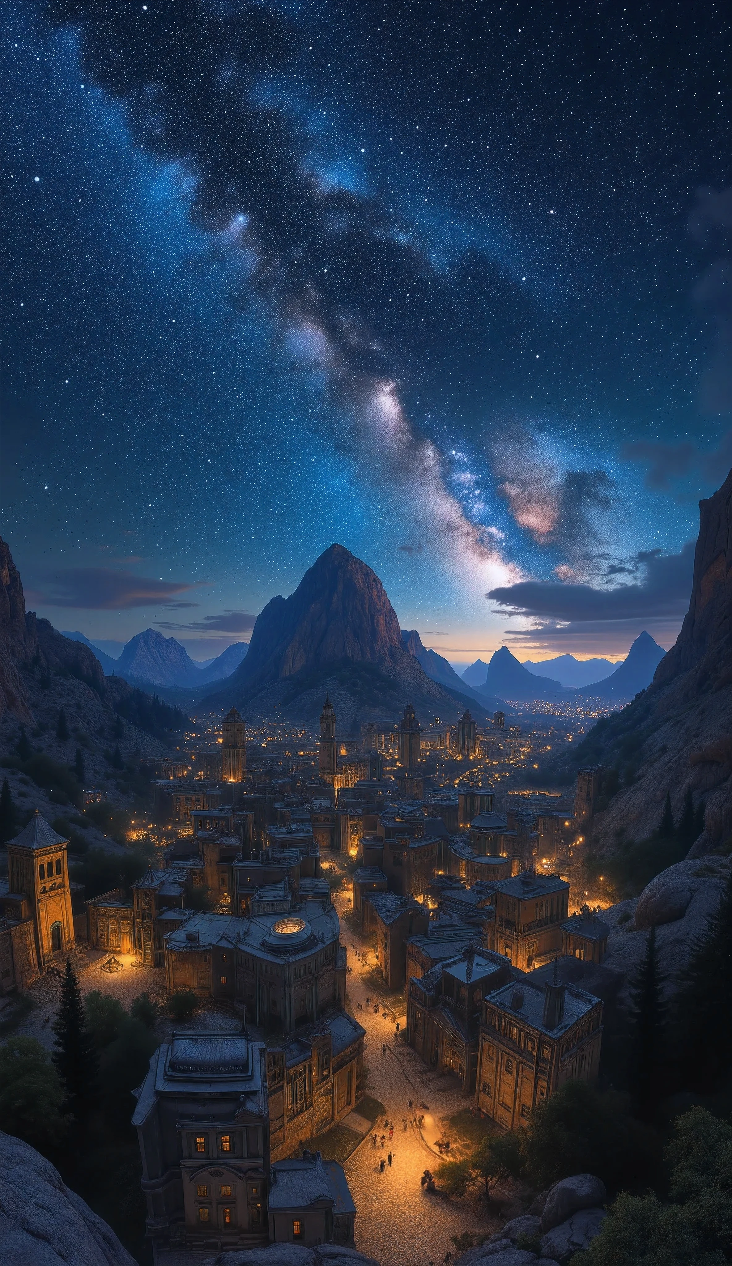 a vast ancient city at night, 360 degree panoramic view, first person perspective, fisheye lens, mystical starry night sky, endless stars that make you ponder the deep history, natural phenomena presented as ancient ruins, ARW