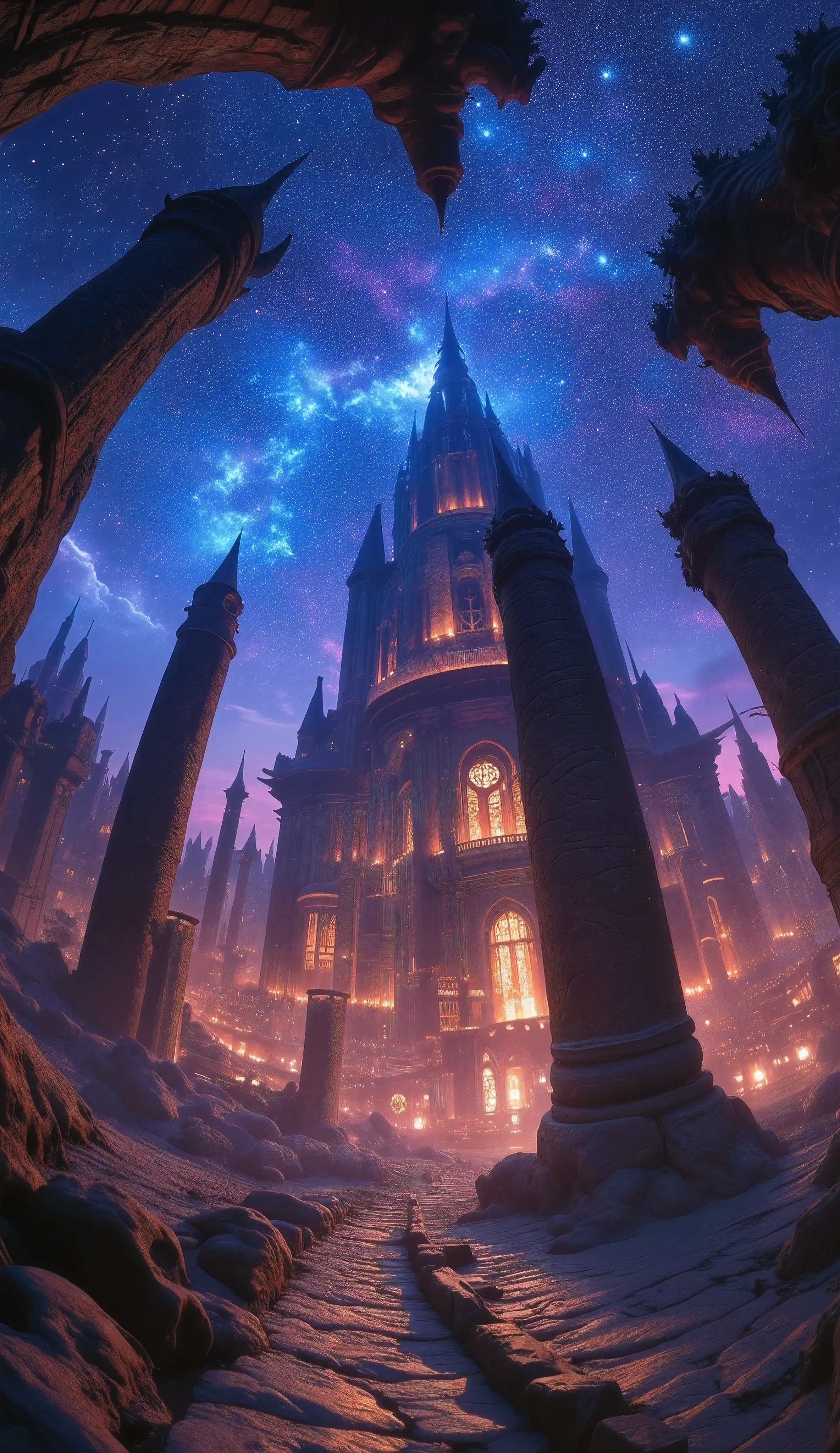 a mysterious ancient city, dramatic cityscape, 360 degree panoramic view, first-person perspective, fisheye lens, fantasy night sky with twinkling stars, thought-provoking ancient ruins, awe-inspiring natural phenomena, architectural grandeur, atmospheric lighting, dramatic shadows, (best quality,4k,8k,highres,masterpiece:1.2),ultra-detailed,(realistic,photorealistic,photo-realistic:1.37),HDR,UHD,studio lighting,ultra-fine painting,sharp focus,physically-based rendering,extreme detail description,professional,vivid colors,dramatic lighting,fantasy,cinematic