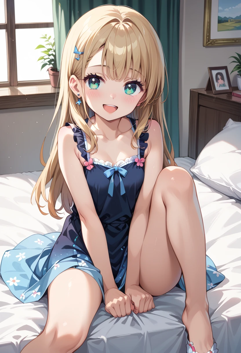 (( best quality)), ((masterpiece)), (be familiar with),  perfect face, indoor, bedroom,  viewer,
One woman,  Gamemun Neko ,
 characters with open mouth ,  ecstatic expression with hands in front of body, blush, smile,
Small breasts,  flat chested, Young girl, Lori,  ,  girl,
 long hair,  Long Hair,
Leg spread,