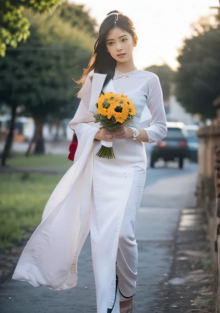 Beautiful 25 year old  woman。She is wearing a summer Myanmar wedding dress. She is walking and her legs crossed and one leg is visible. She is shying and smiling on illuminated by the evening church lights . her black hair. High resolution、masterpiece、highest quality、頭w:1.0、((Hasselblad Photos))、fine skin、(movie lighting)、clavicle . full body picture.