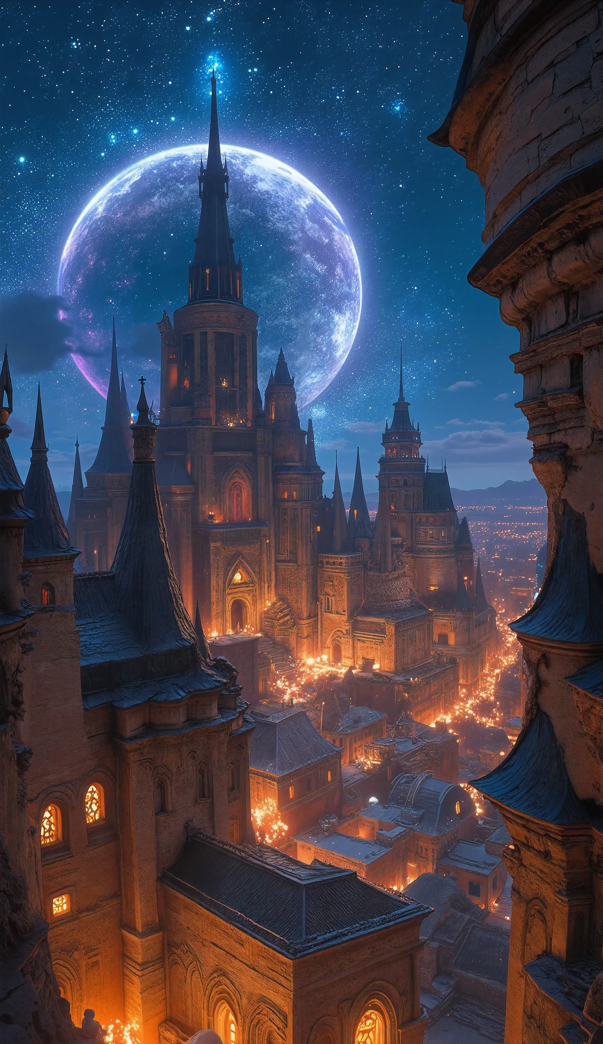 a mysterious ancient city, dramatic cityscape, 360 degree panoramic view, first-person perspective, fisheye lens, fantasy night sky with twinkling stars, thought-provoking ancient ruins, awe-inspiring natural phenomena, architectural grandeur, atmospheric lighting, dramatic shadows, (best quality,4k,8k,highres,masterpiece:1.2),ultra-detailed,(realistic,photorealistic,photo-realistic:1.37),HDR,UHD,studio lighting,ultra-fine painting,sharp focus,physically-based rendering,extreme detail description,professional,vivid colors,dramatic lighting,fantasy,cinematic