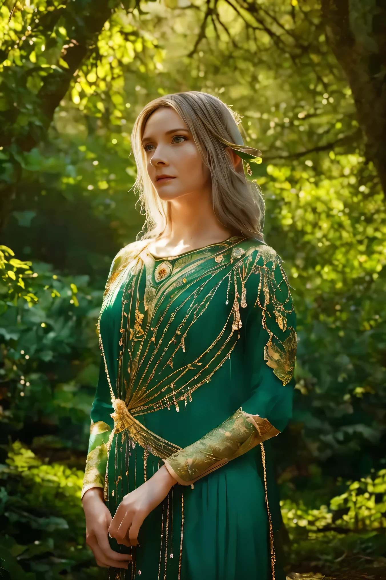 ((half-body portrait)). Galadriel, a radiant elven queen, standing gracefully in a magical elven forest bathed in soft, ethereal light. She is wearing a flowing green dress adorned with intricate golden embroidery, reminiscent of delicate vines and leaves, perfectly complementing the lush surroundings. Her long, silvery hair cascades over her shoulders, glowing softly in the dappled sunlight filtering through ancient, towering trees. The forest is alive with magical energy, featuring bioluminescent flowers, sparkling streams, and faint, glowing particles floating in the air. Her expression is serene and wise, her piercing eyes reflecting the timeless beauty and wisdom of the elves. The scene is infused with an otherworldly atmosphere, with fine details in the textures of her dress, the bark of the trees, and the vibrant flora. Photorealistic rendering, ultra-high-definition, with dramatic, yet soft lighting highlighting her elegance and the magical ambiance of the forest.