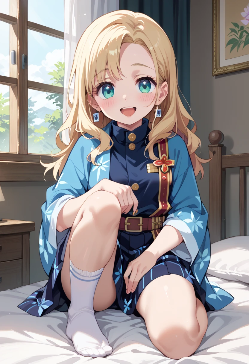 (( best quality)), ((masterpiece)), (be familiar with),  perfect face, indoor, bedroom,  viewer,
One woman,  Gamemun Neko ,
 characters with open mouth ,  ecstatic expression with hands in front of body, blush, smile,
Small breasts,  flat chested, Young girl, Lori,  ,  girl,
 long hair,  Long Hair,
Leg spread,