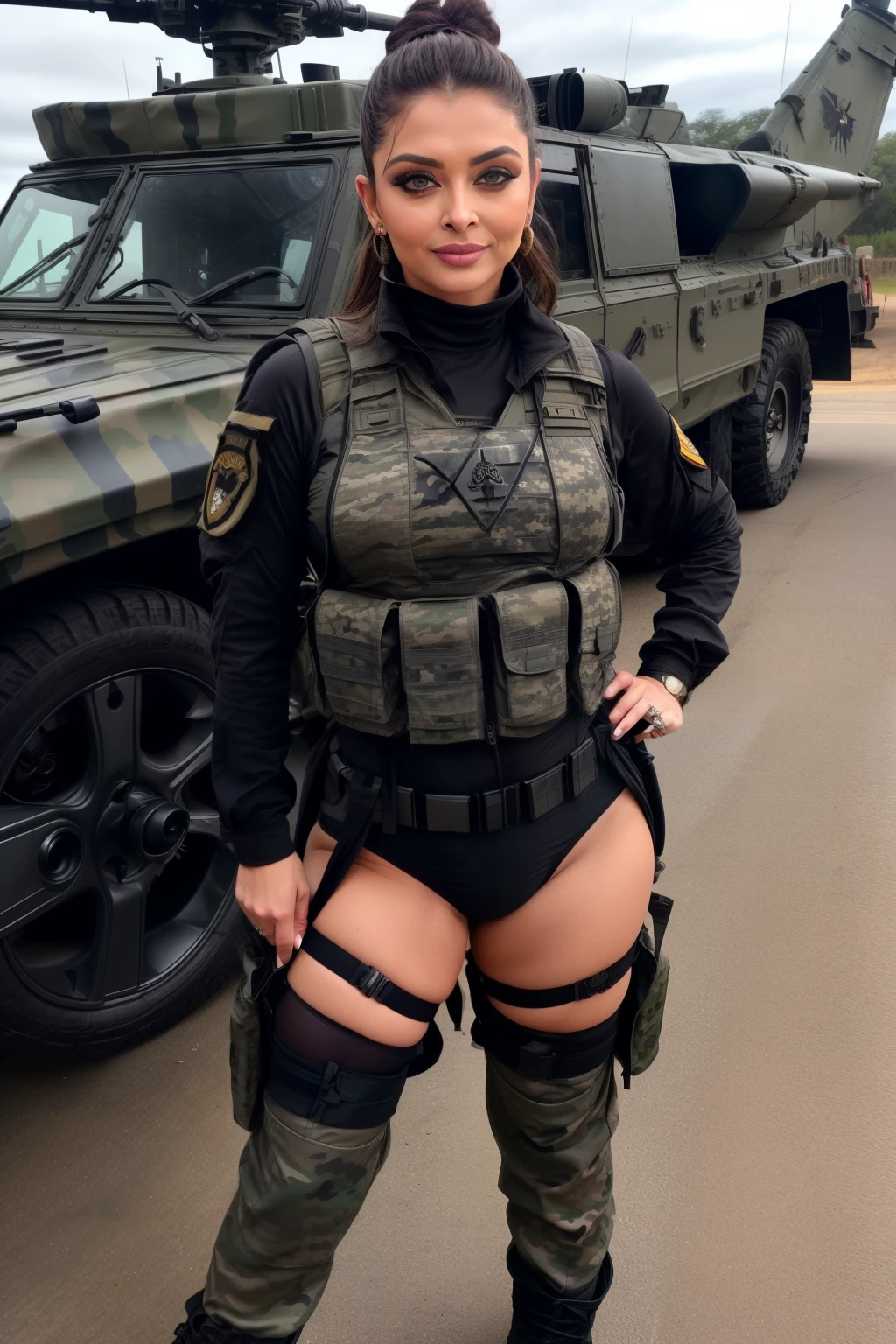 (Masterpiece:1.1, best quality:1.1, 32k HDR, high resolution), (1girl in, Solo), Arabian female, Arabian female terrorist, huge breasts, huge cleavage, camouflage bra, camouflage pants, gun belt, black mask, (((full head mask, balaclava))), detailed skin texture, (show me her shaved armpits, in abandoned house, desert, perfect slim body:1.1),