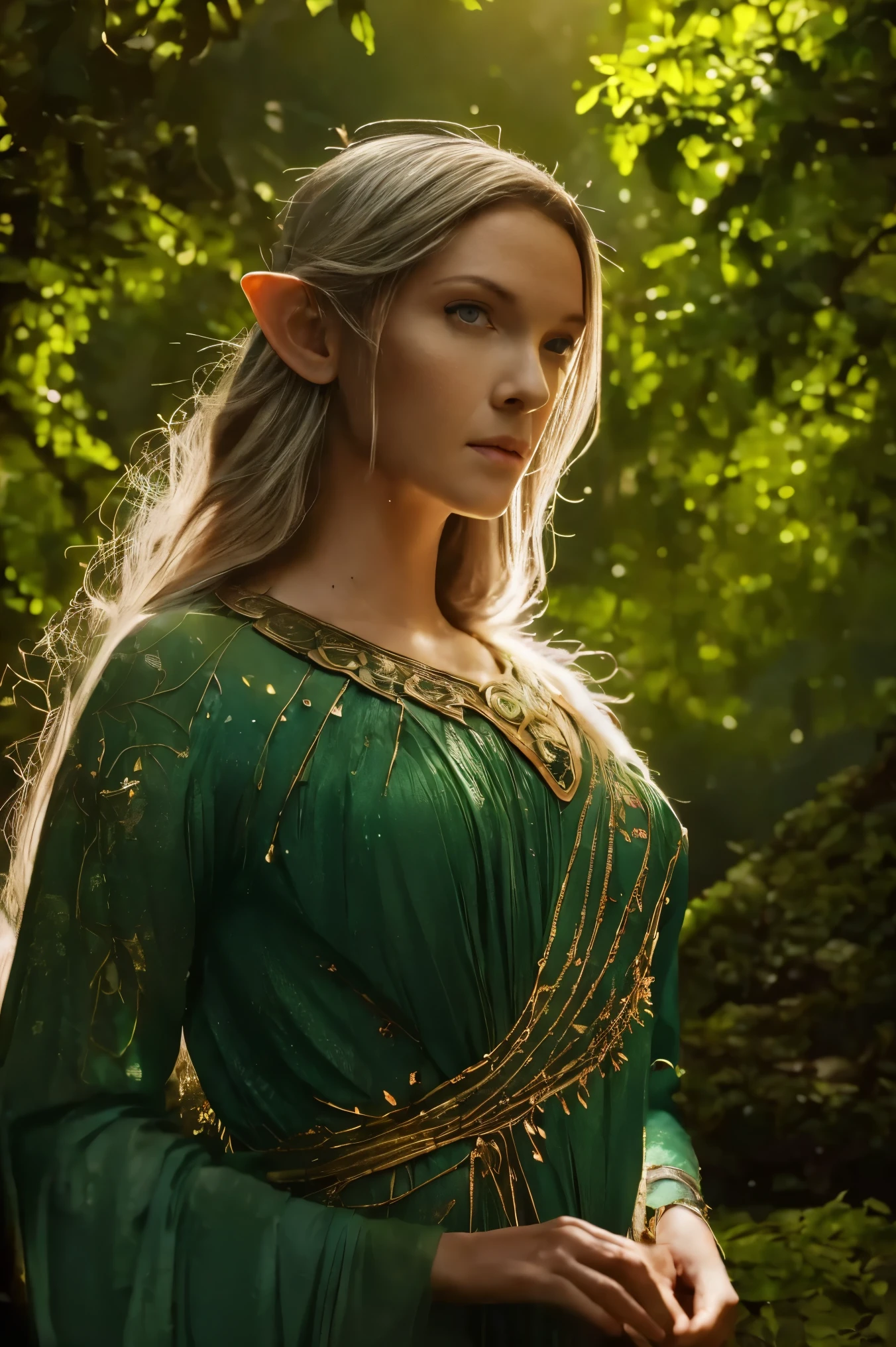 ((Close-up face portrait)). Galadriel, a radiant elven queen, standing gracefully in a magical elven forest bathed in soft, ethereal light. She is wearing a flowing green dress adorned with intricate golden embroidery, reminiscent of delicate vines and leaves, perfectly complementing the lush surroundings. Her long, silvery hair cascades over her shoulders, glowing softly in the dappled sunlight filtering through ancient, towering trees. The forest is alive with magical energy, featuring bioluminescent flowers, sparkling streams, and faint, glowing particles floating in the air. Her expression is serene and wise, her piercing eyes reflecting the timeless beauty and wisdom of the elves. The scene is infused with an otherworldly atmosphere, with fine details in the textures of her dress, the bark of the trees, and the vibrant flora. Photorealistic rendering, ultra-high-definition, with dramatic, yet soft lighting highlighting her elegance and the magical ambiance of the forest.