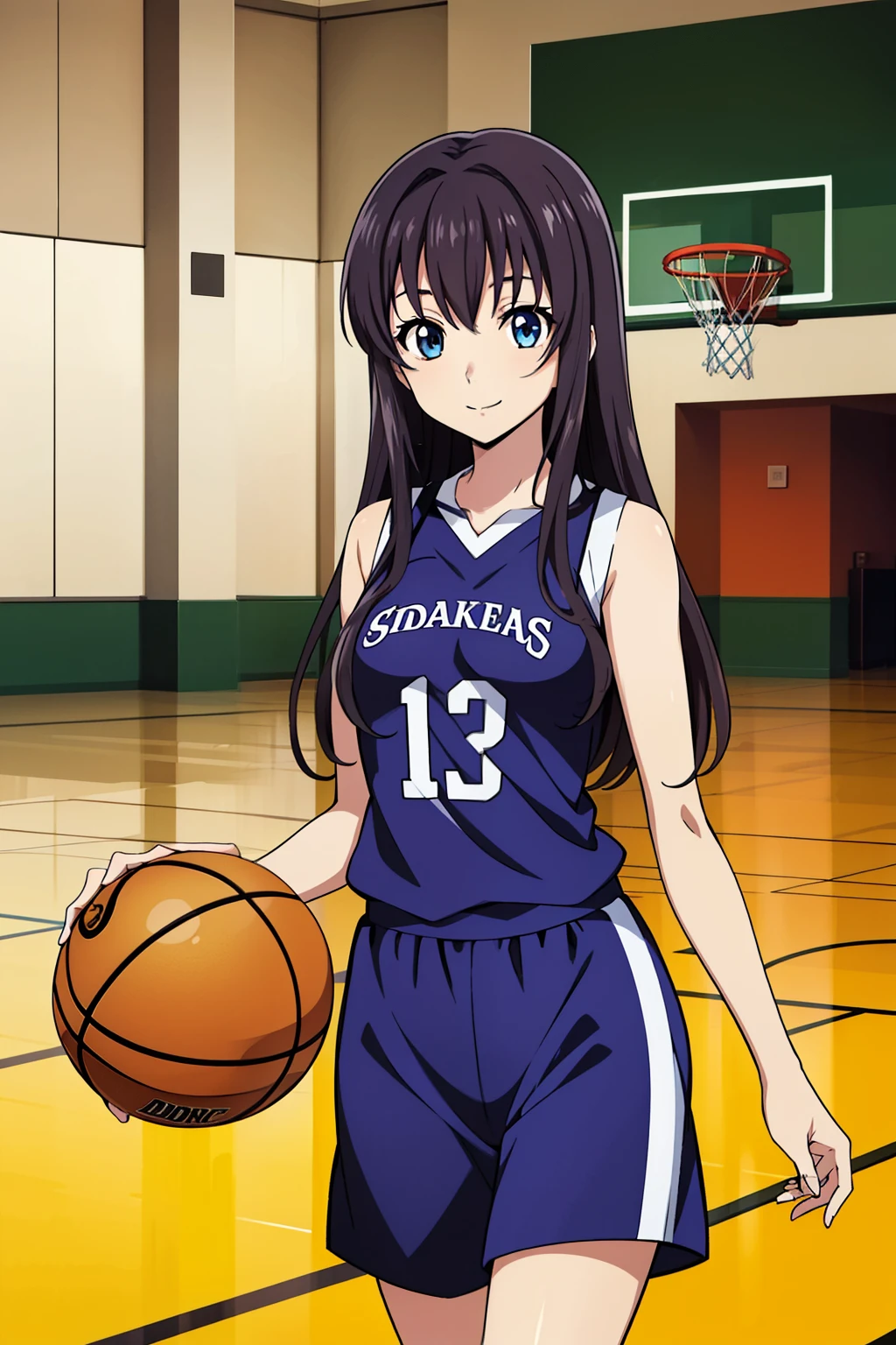 (1 girl, cute, black hair, ((髪band)), masterpiece, ((basketball in the high school gym.)), (smile), (running), (black basketball team uniform), (anime cels style, Masterpiece, best quality, high resolution, anime colored, megami magazine:1.2, anime poster style, anime keyvisual, sharp, 8k, photorealistic), beautiful blue eyes